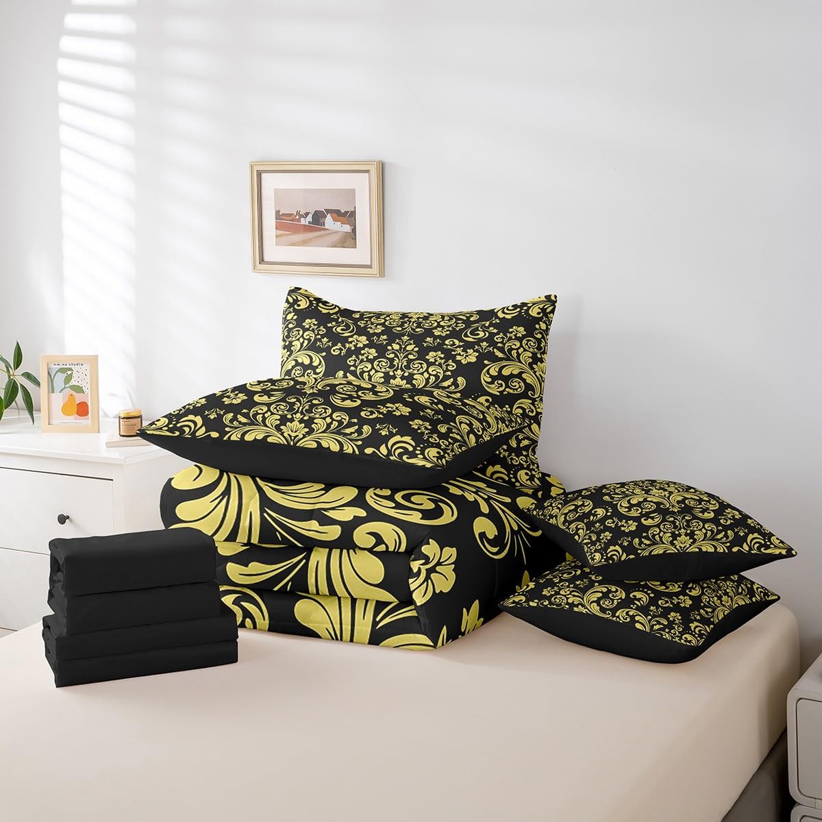 Erosebridal Black Gothic Bedding Set 7 Piece Gold Damask Floral Full Comforter Set with Sheets Bohemian Exotic Goth Flower Bed in A Bag for Kids Adults Vintage Victorian Baroque Boho Bed Set