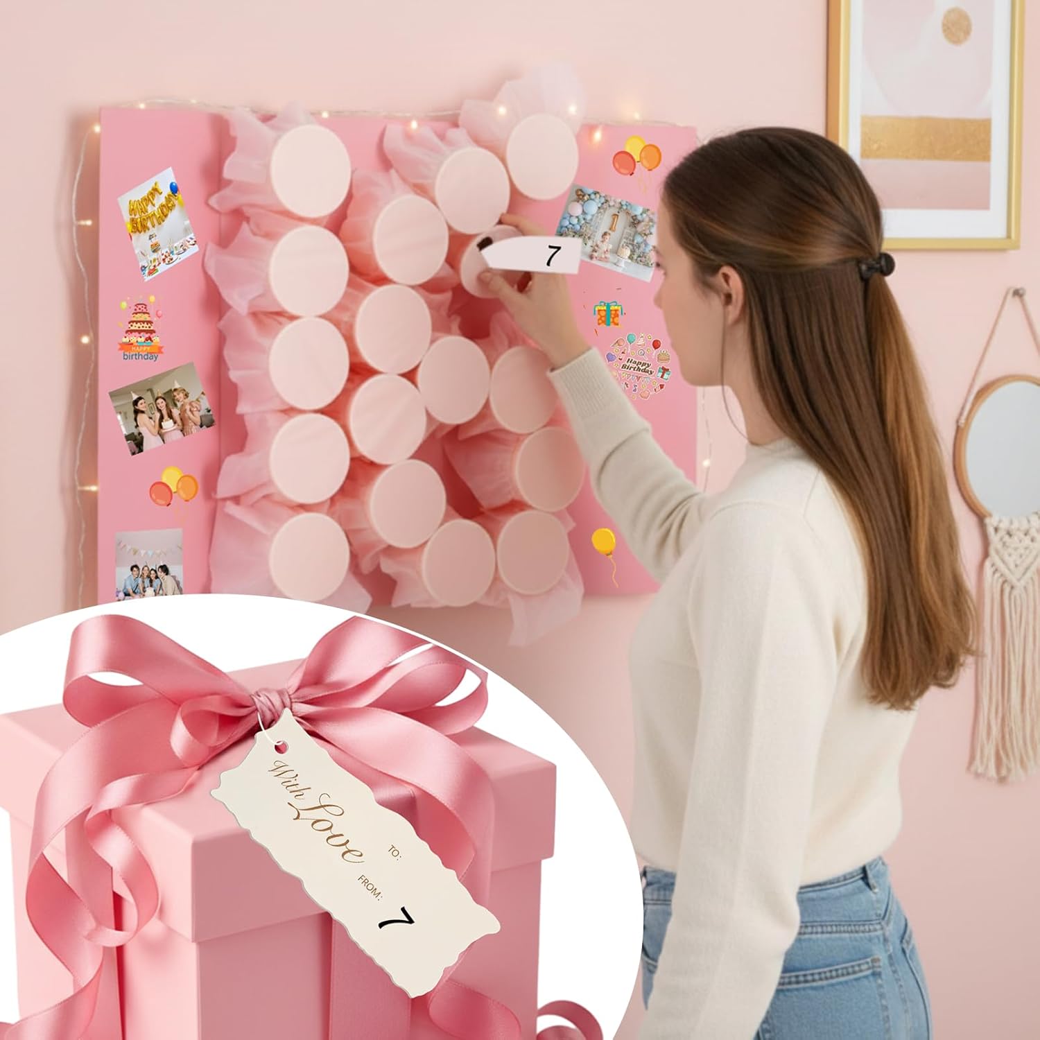 Tinlade 41 Pcs Sweet 16 Birthday Countdown Punch Board to 16th Birthday Calendar Punch Game with Pearly-luster, Satin Ribbon, Gift Tags, Paper Cups, Paper Display Board Kit for Girls 16 Days Surprise