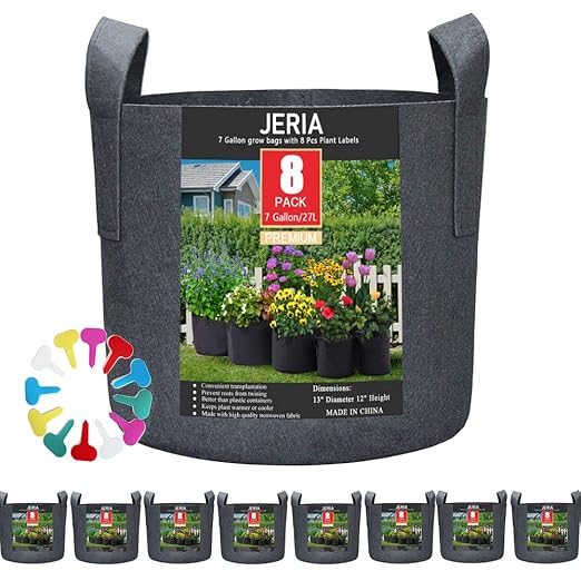 JERIA 8-Pack 7 Gallon Grow Bags, Aeration Fabric Pots with Handles, Heavy Duty Thickened Nonwoven Grow Pots with 8 Pcs Plant Labels