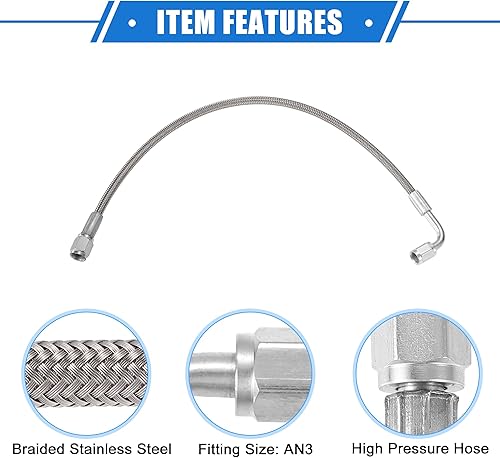 Vista 18 de AN3 - Línea de alimentación de aceite turbo de acero trenzado de 90 grados a extremo de manguera recto, turbocompresor remoto de 24 pulgadas, línea