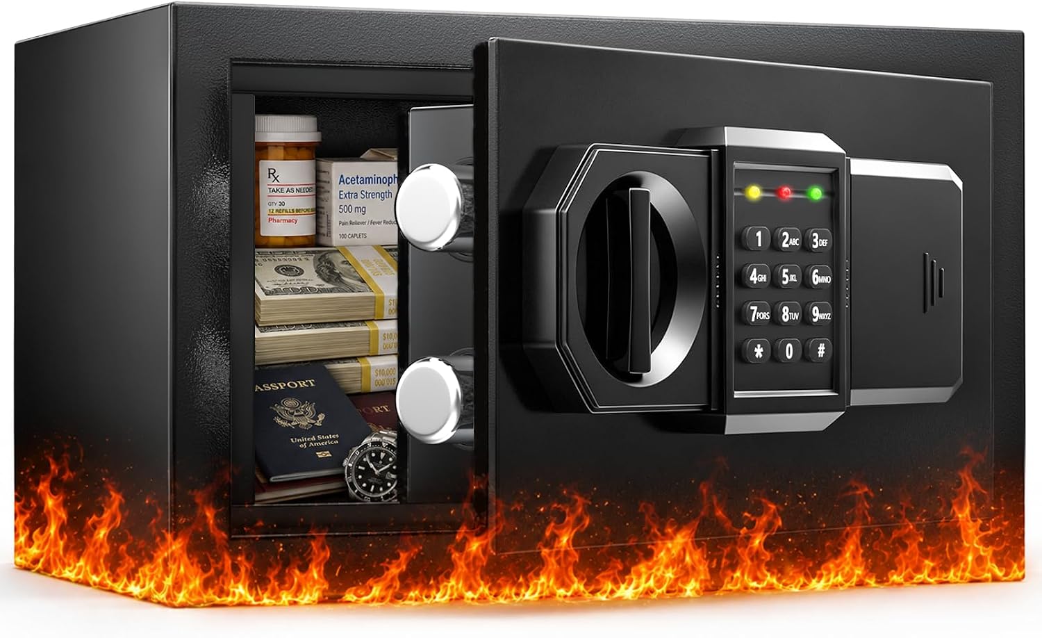 𝟑𝟓-𝐌𝐢𝐧 𝟏𝟖𝟎𝟎°𝐅 Small Fireproof Safe, 15.4 Lbs Heavy Duty Safe Box | Min Fire Safe with Alarm System, Sensor LED Light, Wall Mountable Design for Home & Office Storage of Cash, Passport