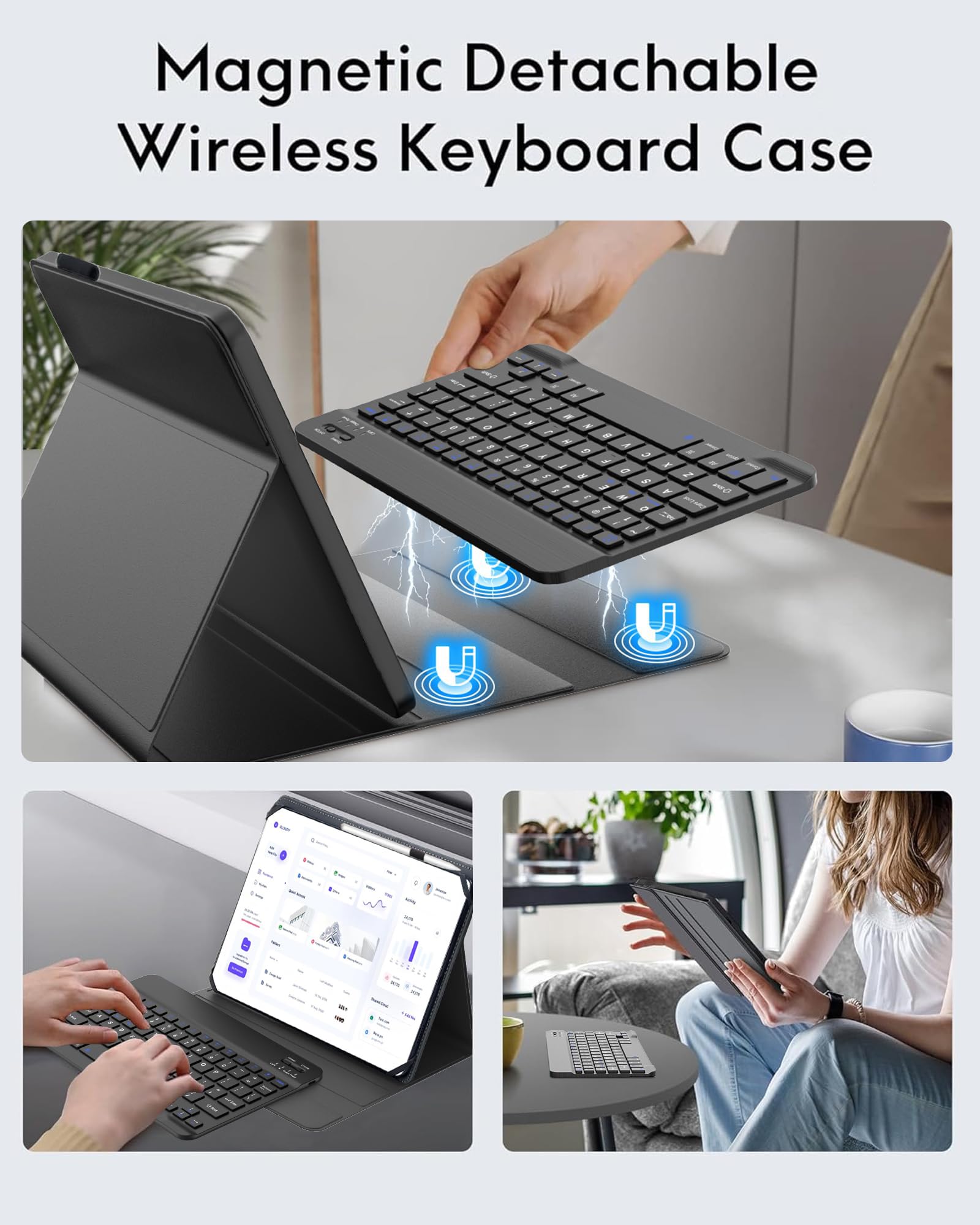 Funda universal con teclado para tabletas de 9, 9.7, 10.1, 10.2, 10.5, 10.5, 11.9 y 11 pulgadas, retroiluminado, teclado Bluetooth inalámbrico recargable, funda de piel tipo libro con soporte para