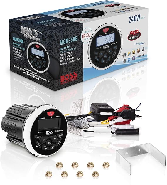 BOSS Audio Systems MGR350B Amplified Bluetooth Boat Gauge Receiver, No DVD