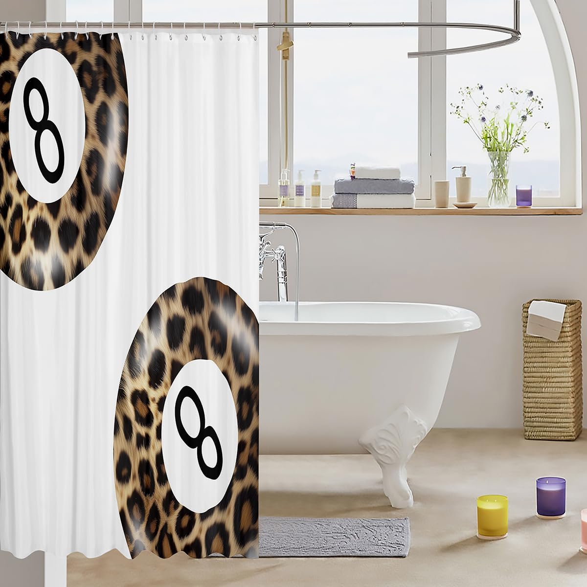 Aesthetic Leopard Kids Shower Curtains,Art Funky Lucky 8 Ball Chic Bathroom Curtain,Fashion Modern Y2K Home Decor,Brown White Waterproof Curtains,12 Hooks Suits,72" W x 78" L