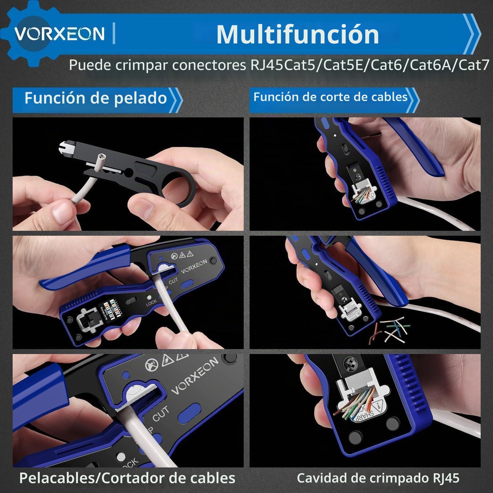 Crimpadora RJ45 Cat 6 Cat5 Cat5e Alicates de Terminales para Cables de Red y Telefonía con Conectores Pasantes 50PCS
