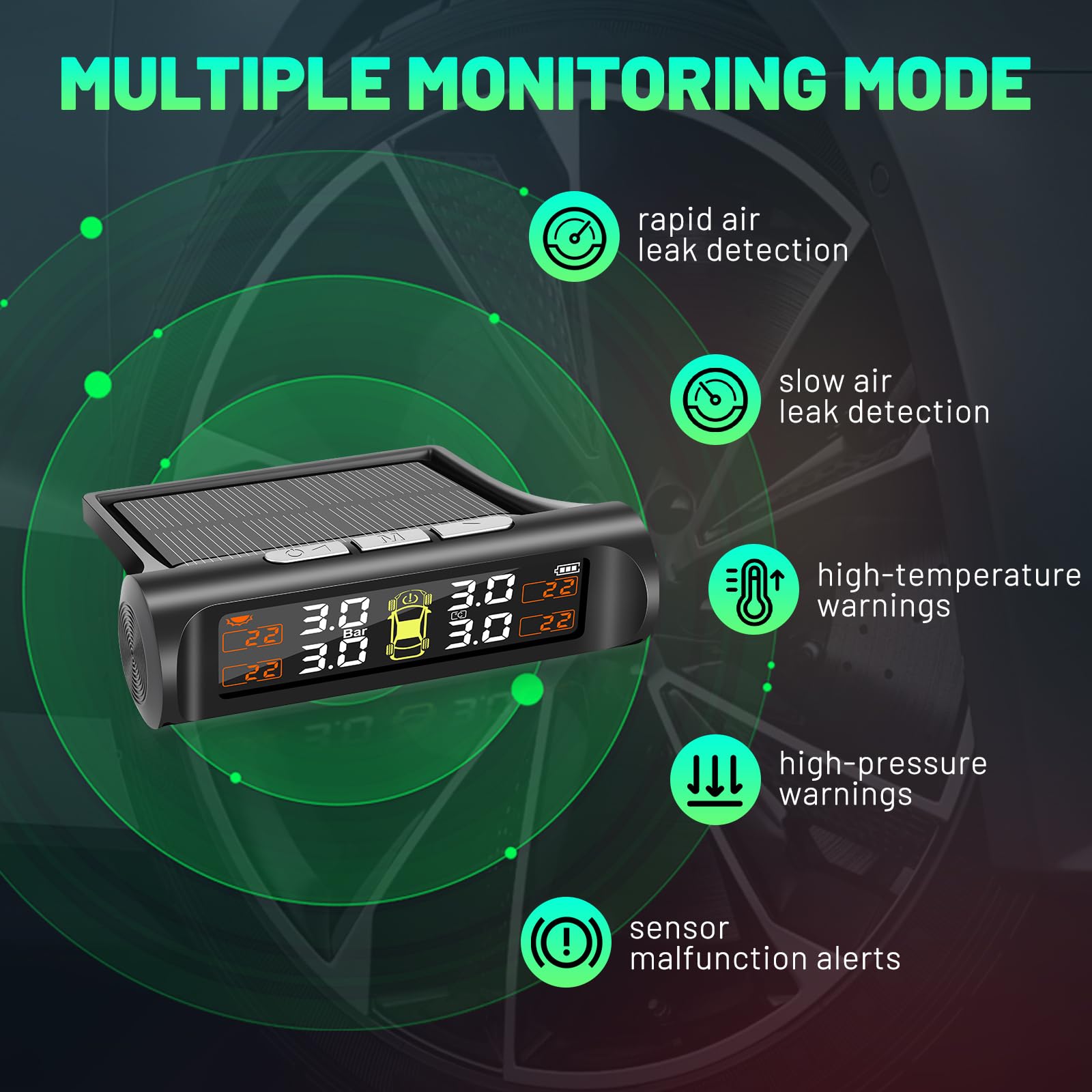 TPMS Sistema di controllo della pressione dei pneumatici 6 Bar, monitor della pressione dei pneumatici solare con sistema di allarme con 4 sensori illuminati per camion e camper