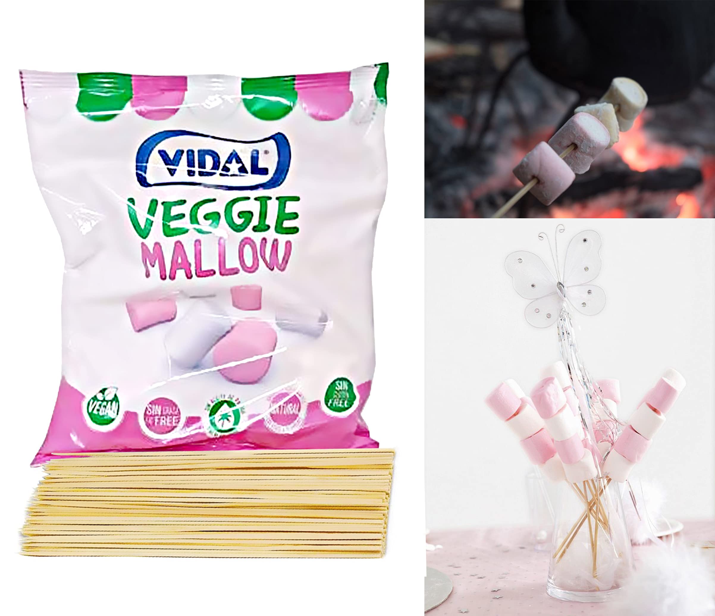 Extra Large Veggie Marshmallows for Toasting(1kg Bag) by Vidal and 100- Bamboo Skewers. Perfect for BBQ- Barbeque, Bonfire Roast, Toasting & Smores. Gluten Free, Vegan and Vegetarian Friendly.