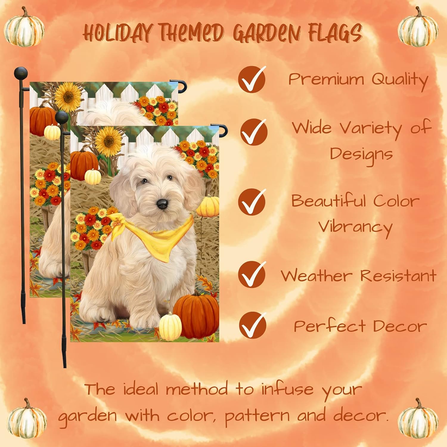 Cockapoo Puppy Garden Flag with Sunflowers and Pumpkins Double Sided Fall Floral Yard Banner Autumn Outdoor Porch Lawn Patio Courtyard Seasonal Thanksgiving Décor 12.5 x 18