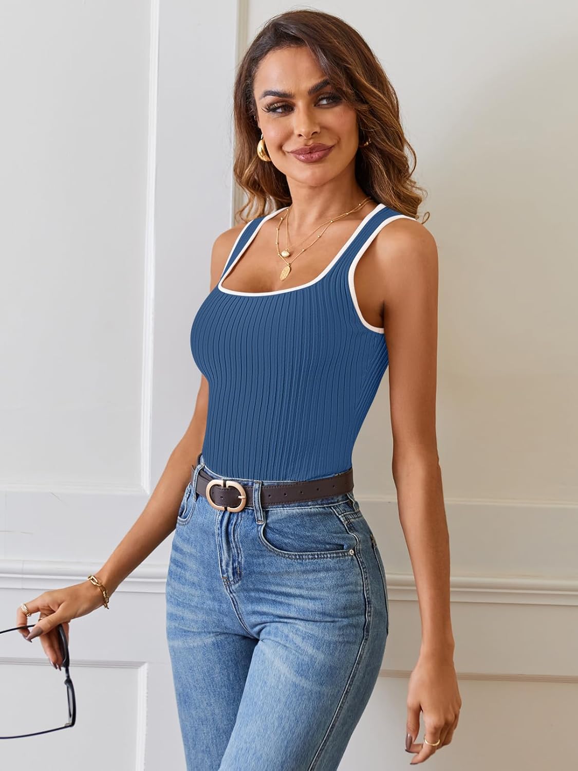 MEROKEETY Women's Sleeveless Square Neck Tank Tops 2026 Slim Fitted Color Block Knit Shirts Summer Basic Sweater Vest - Image 3