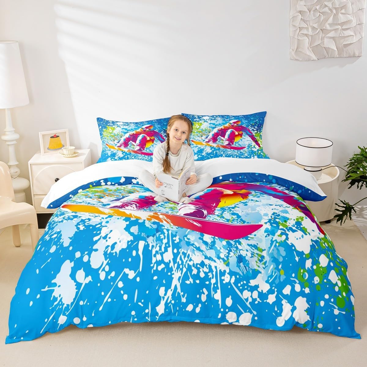 Ski Bedding Set Full Size Cartoon Skiing Skier Snowboard Duvet Cover Set 3Pcs Watercolor Tie Dye Graffiti Comforter Cover Kids Boys Girls Room Decor Winter Sports Games Quilt Cover,2 Pillowcases