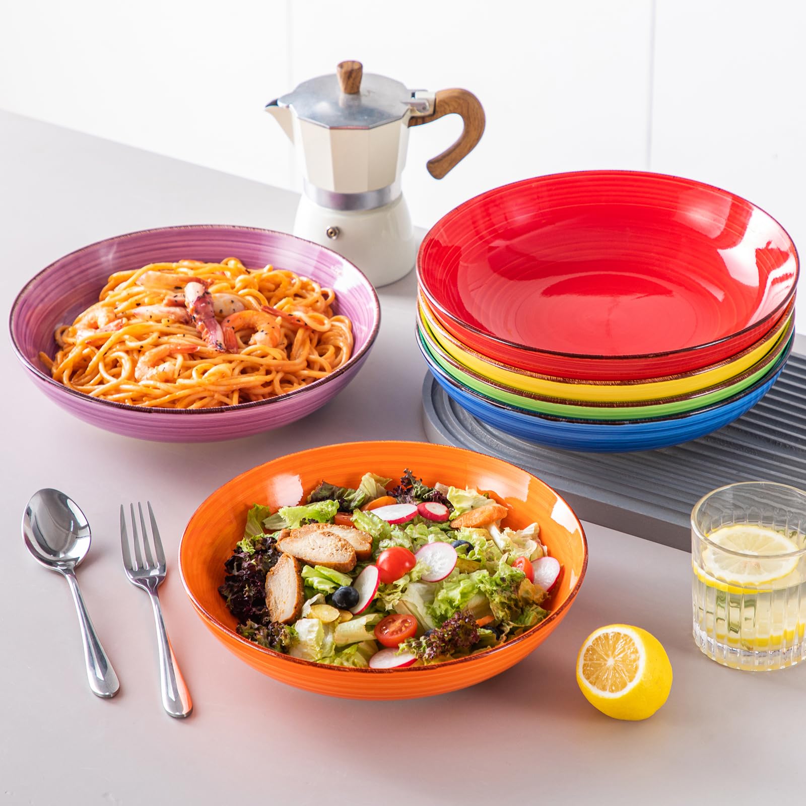 vancasso Série BONITA Lot de 6 Bol à Pâtes en Grès de 50 oz, 24.5cm, Saladier Passent au Micro-ondes et au Four à Soupe pour Cuisine, Multicoloré