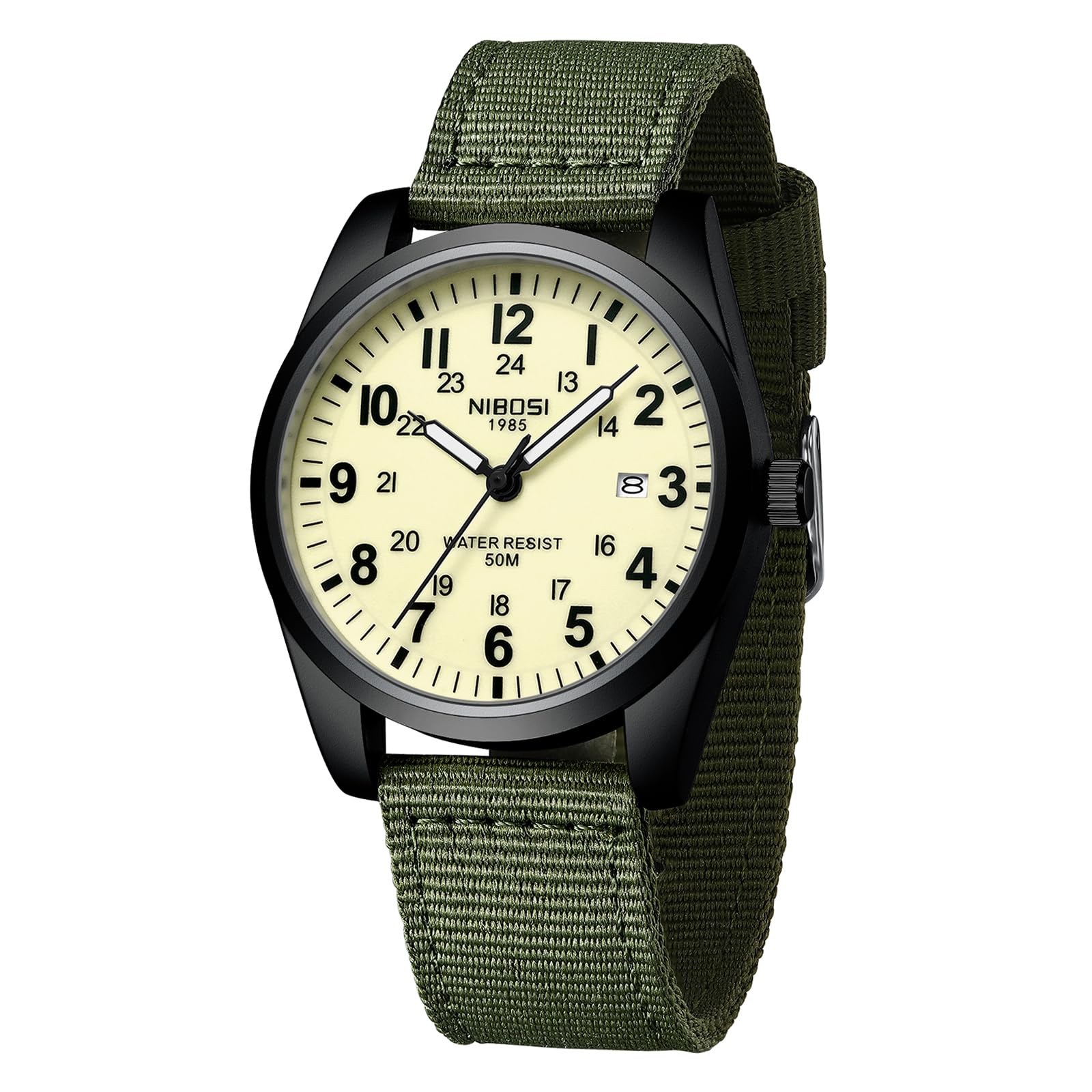 NIBOSI Mens Watch Fashion Military Green Watches for Men Waterproof Chronograph Quartz Casual Wrist Watches Nylon Strap Date (B0D62PWWYD) Amazon Price History, Amazon Price Tracker