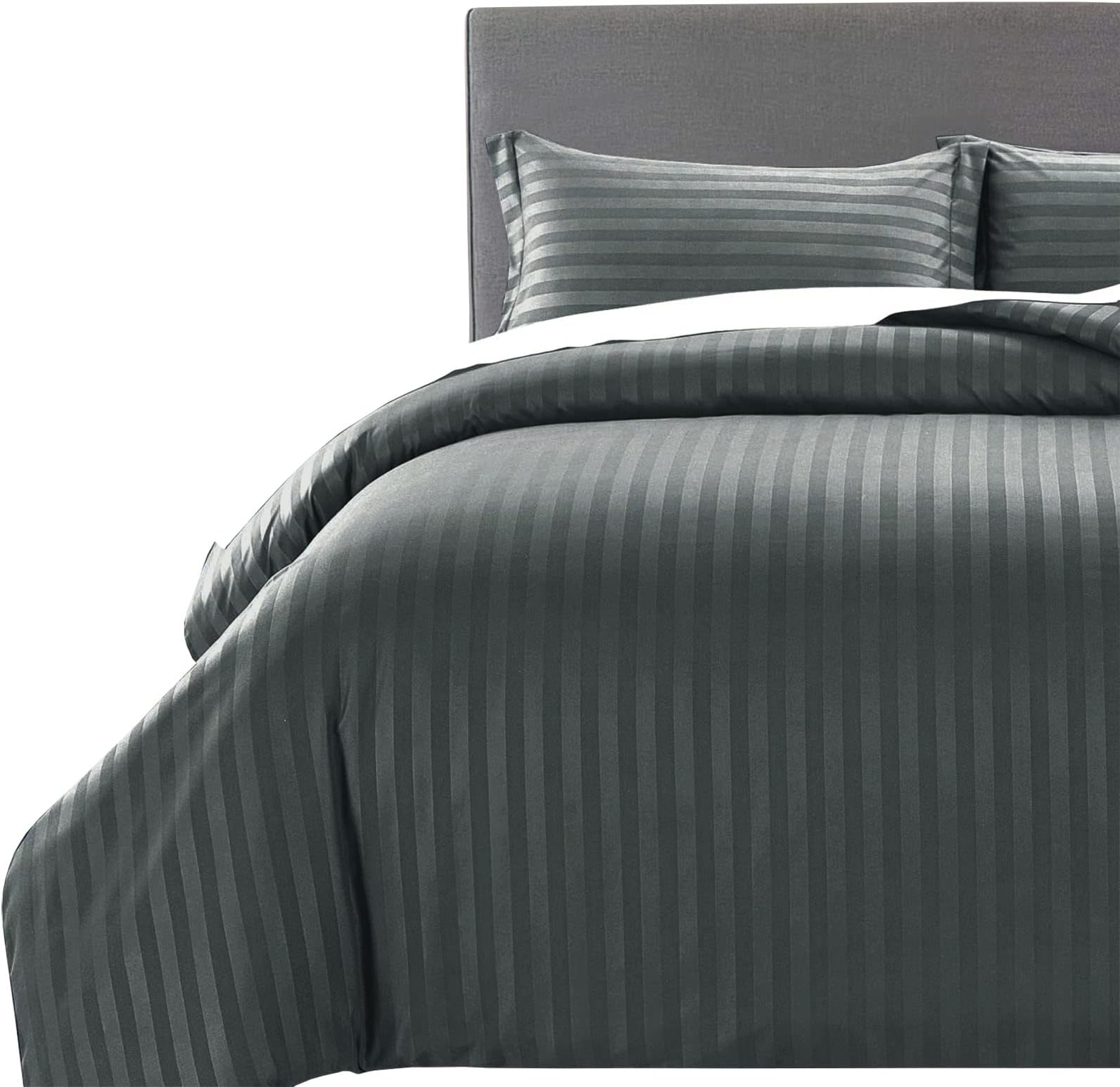MOONLIGHT20015 Super King Duvet Set Reversible Stripes Satin Bedding Sets with 2 Pillowcases Soft Hypoallergenic Duvet Cover (Charcoal 260x220)