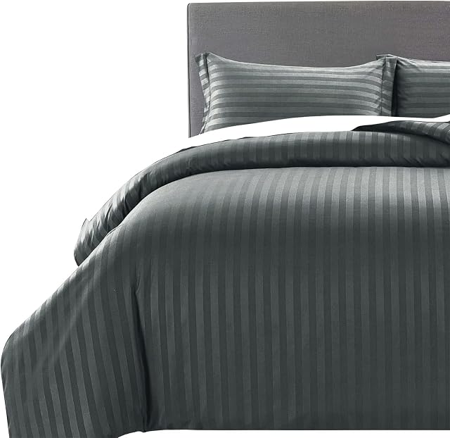 MOONLIGHT20015 Super King Duvet Set Cover Hotel Quality Stripes Satin Bedding Sets with 2 Pillowcases, Reversible Hypoallergenic Soft Breathable Bed Covers (Charcoal, Super King)