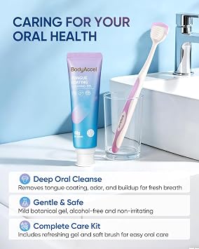 BodyAccel Tongue Cleaner Gel with Tongue Brush Fresh Breath Oral Care Kit Tongue Scraper Gel Set for Bad Breath Removal, Maintain Oral Health