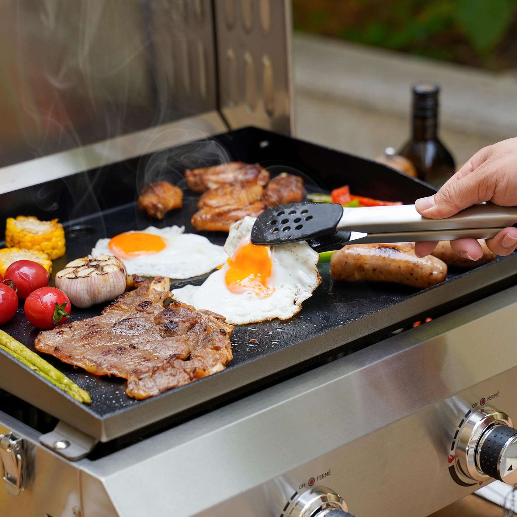 onlyfire Barbecue à Gaz 2 Brûleurs en Acier Inoxydable, Barbecue de Table avec Couvercle et Plaque de Gril en Céramique, Zone de Cuisson 45,8x36CM, pour Camping et l' Extérieur