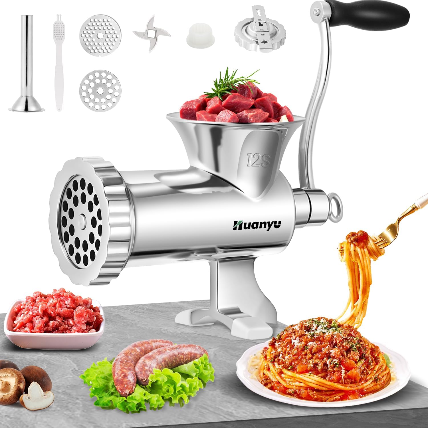 Huanyu Manual Meat Grinder Heavy Duty Sausage Stuffer Stainless Steel Hand-Cranked Meat Grinding Machine with Biscuit Making Accessories (NO.12S)