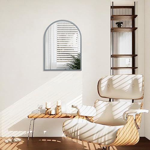 Miniatura 190 de Espejo de pared arqueado negro con marco de aleación de aluminio, espejo de baño de metal cepillado, espejo montado en la pared para sala de estar