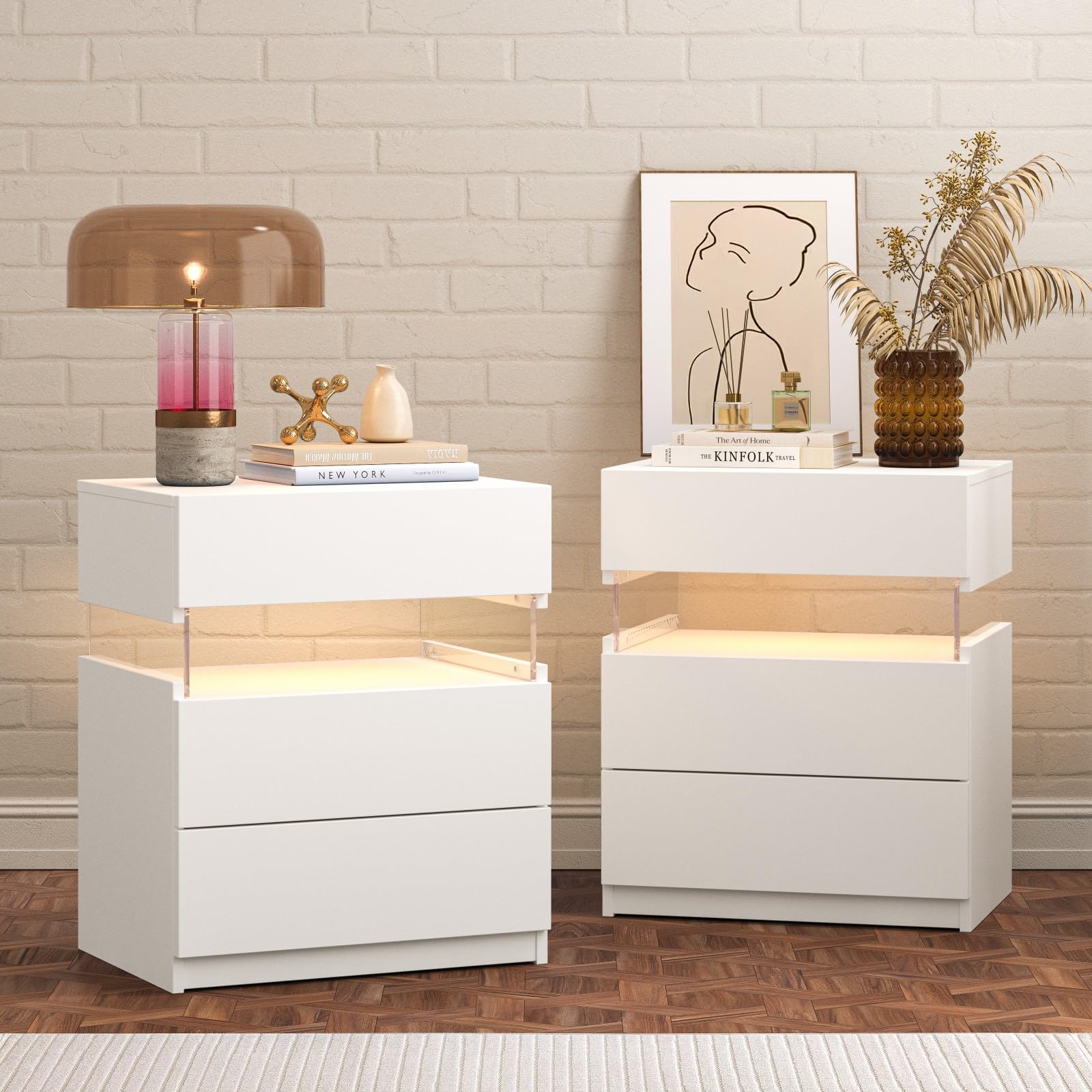 Bingoday White Nightstands Set of 2 LED Nightstand White with Gun Drawers Set of 2 Bedside Tables White LED Lights for Bedroom White