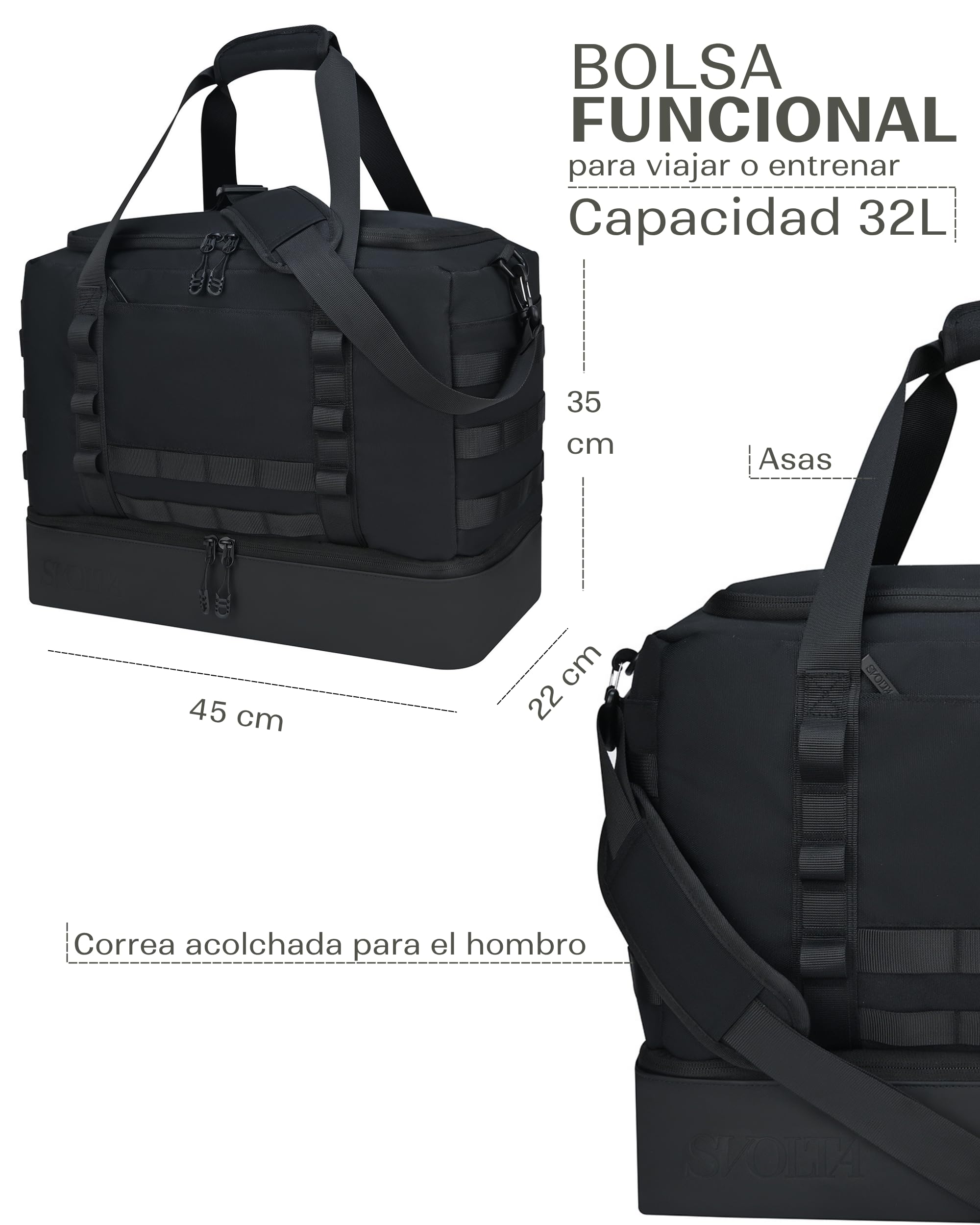 SVOLTA Bolsa de Deporte Resistente al Agua para Hombre y Mujer - Bolsa de Viaje Militar Grande 32L con Compartimento Impermeable - Mochila Táctica Duffle para Gimnasio, Crossfit y Viajes - Verde Oliva