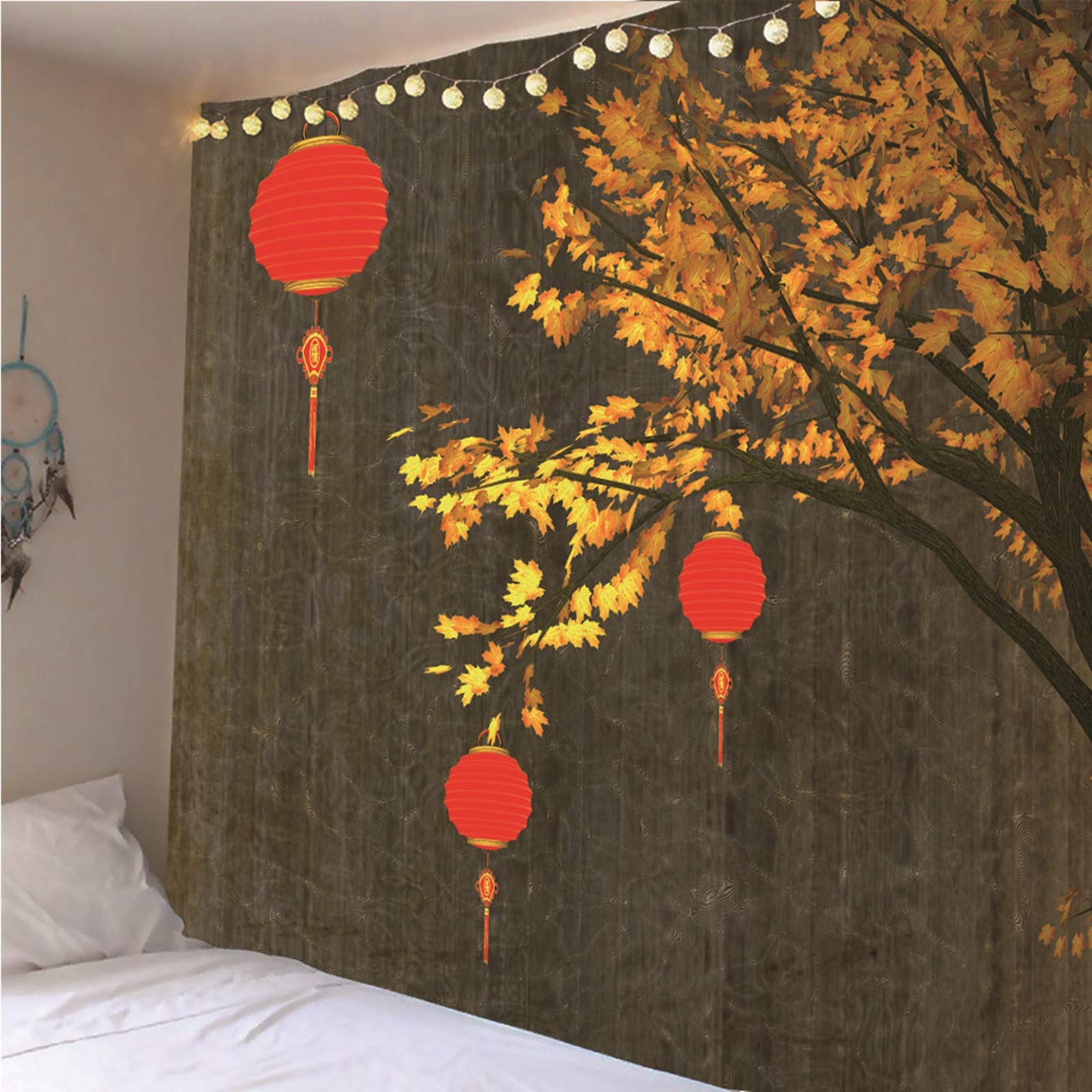 Dywan na ścianę skandynawski, gobelin, dekoracja na ścianę, 350 x 256 cm, ozdoba na ścianę, psychodeliczna, latarnia, drzewo klonowe, dywan ścienny do sypialni, salonu, dekoracja
