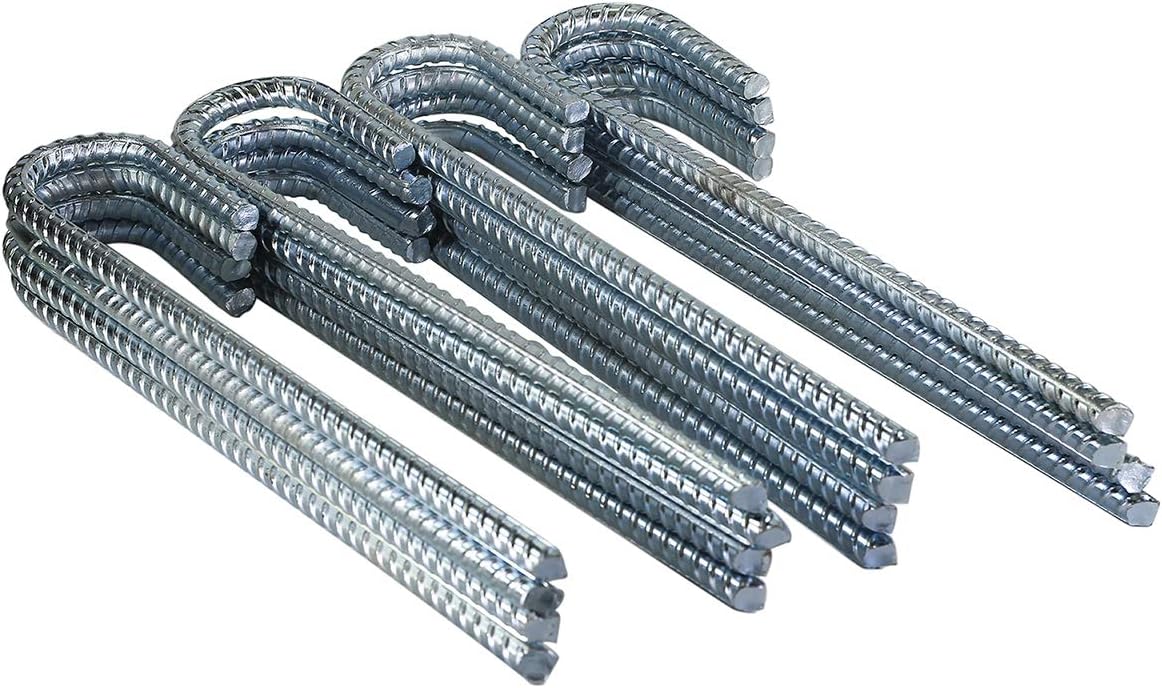 Pinnacle Mercantile 60 Pack Anti Rust Rebar Stakes J Hook Heavy Duty Galvanized Steel Ground Anchors 12 inch Long 3/8 inch Round Chisel Point End Made USA 60 Galvanized Steel Rebar 12" 3/8 " round