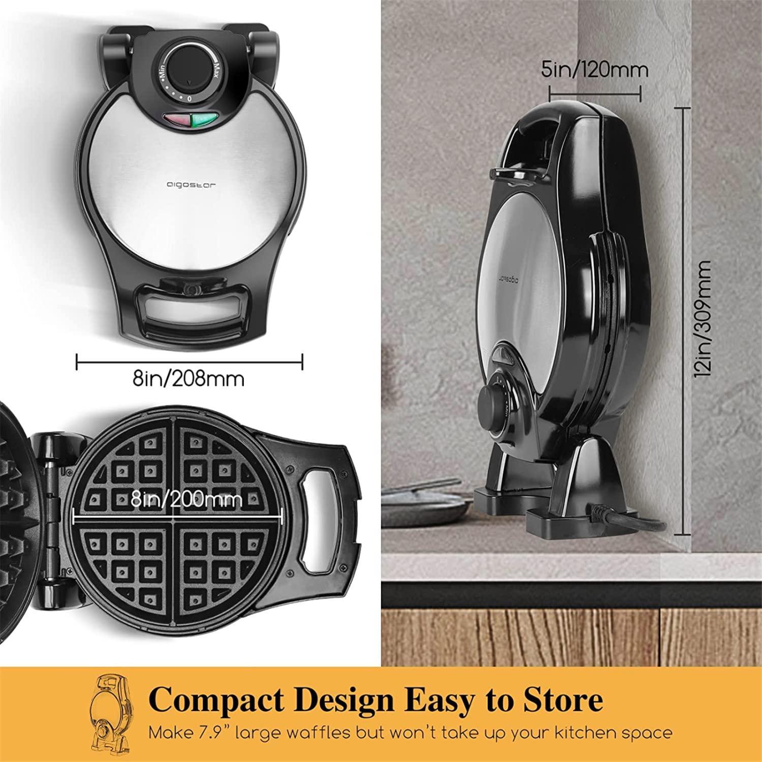 Belgian Waffle Maker, 8 Inch Flip Waffle Irons with NonStick Surfaces