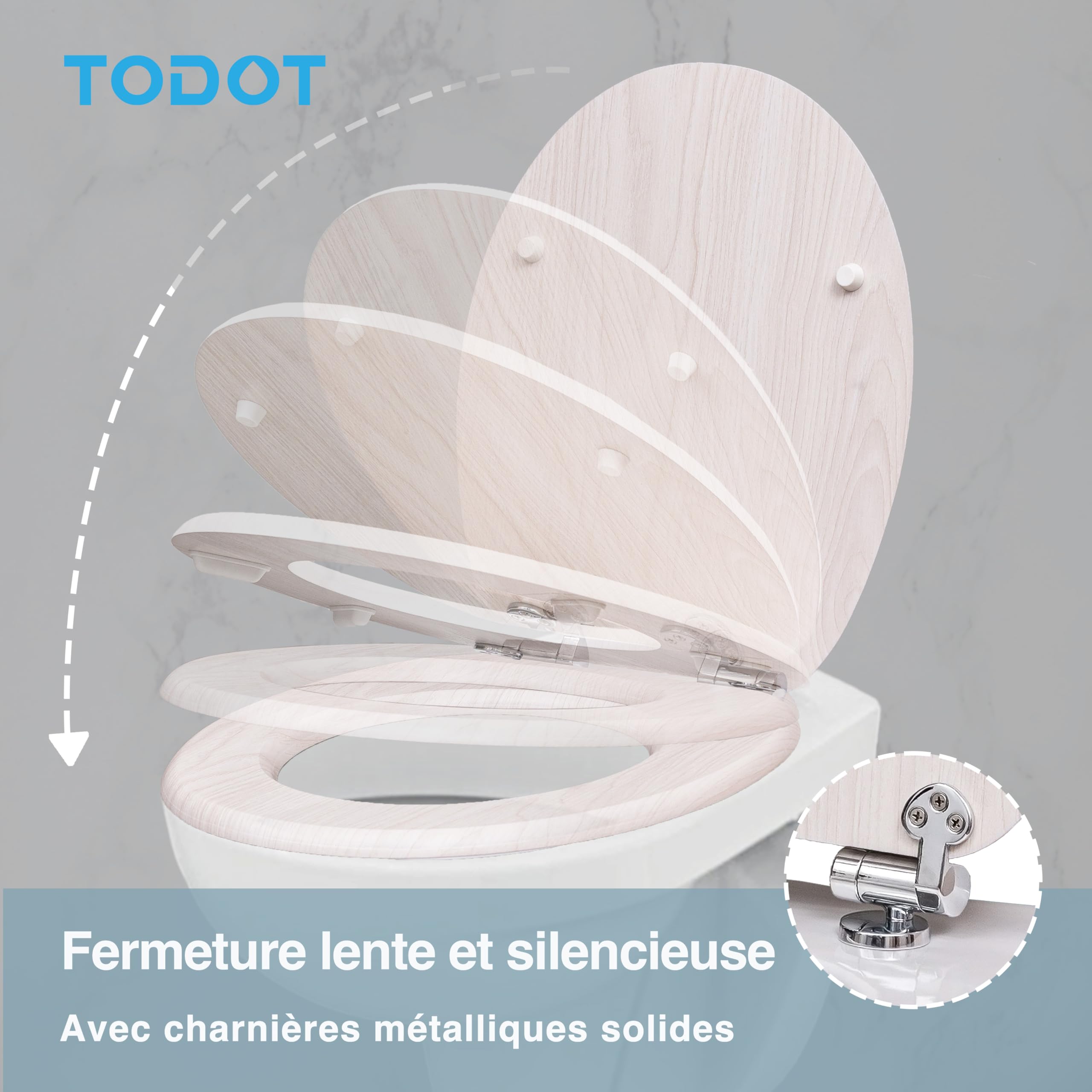 Abattant WC avec Frein de Chute Silencieux, Siège de Toilette en MDF Imitation Bois Naturel, Charnières Inox/Zinc Ajustables, Compatible Cuvette O, Capacité jusqu'à 175 kg (Natural Wood)