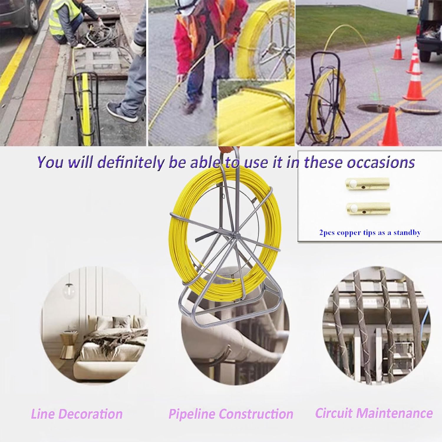 INTBUYING Fish Tape Fiberglass 425FT 6MM Duct Rodder with Brake Electrical FishTape Cable Puller with 2pcs Copper Tips