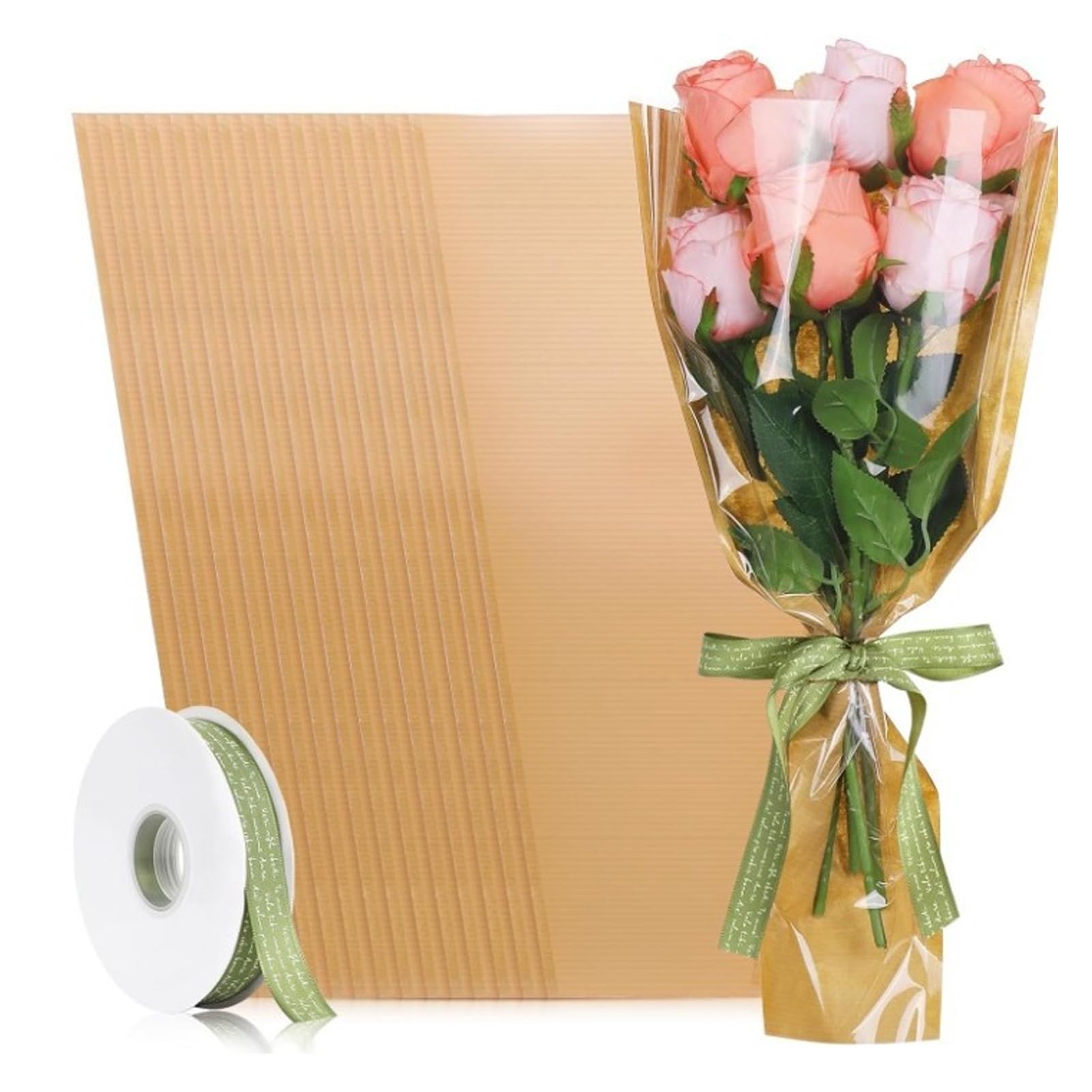 100 Pezzi Manicotti per Avvolgere Fiori in Kraft Marrone, Borsa Floreale con Apertura Trapezoidale in Fogli Kraft Spessi con Rilegatura Abbinata per Negozio di Fiorista (Carta)