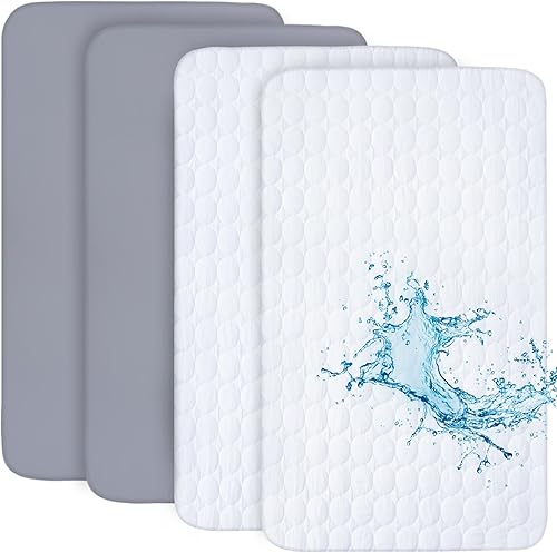 Juego de 4 sábanas para cuna y protector de colchón impermeable para cuna, fundas de colchón impermeables para bebés, niños y niñas, color gris