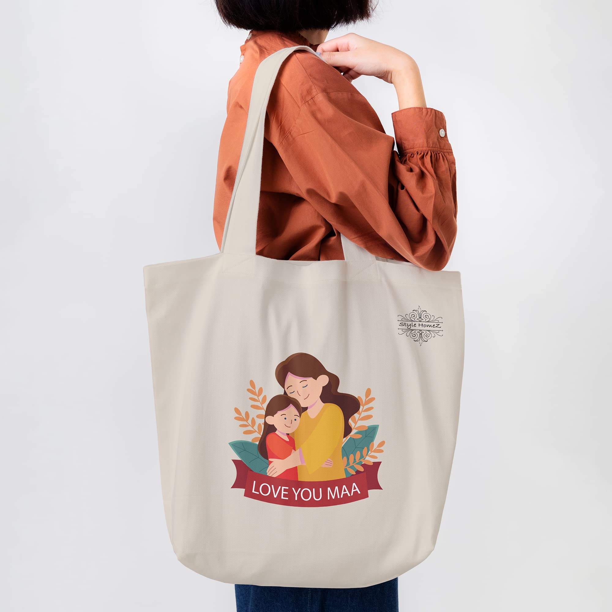 Style Homez Classic Eco-Friendly & Reusable Cotton Canvas Grocery Tote Bag, Medium Size 16 x 14 Inch Natural Color (LOVE YOU MAA) 2