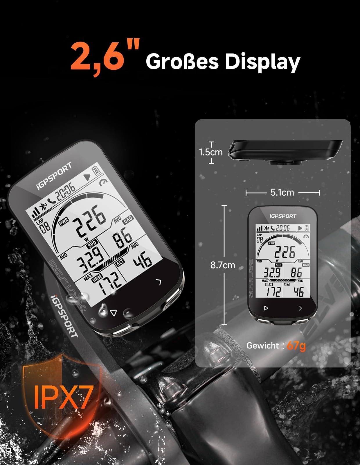 iGPSPORT BSC100S Fahrradcomputer Kabellos, 2.6'' Display Fahrradtacho Kabellos, IPX7 Wasserdicht 40H Wiederaufladbare Batterie Bluetooth5.0 ANT+ (BSC100S)