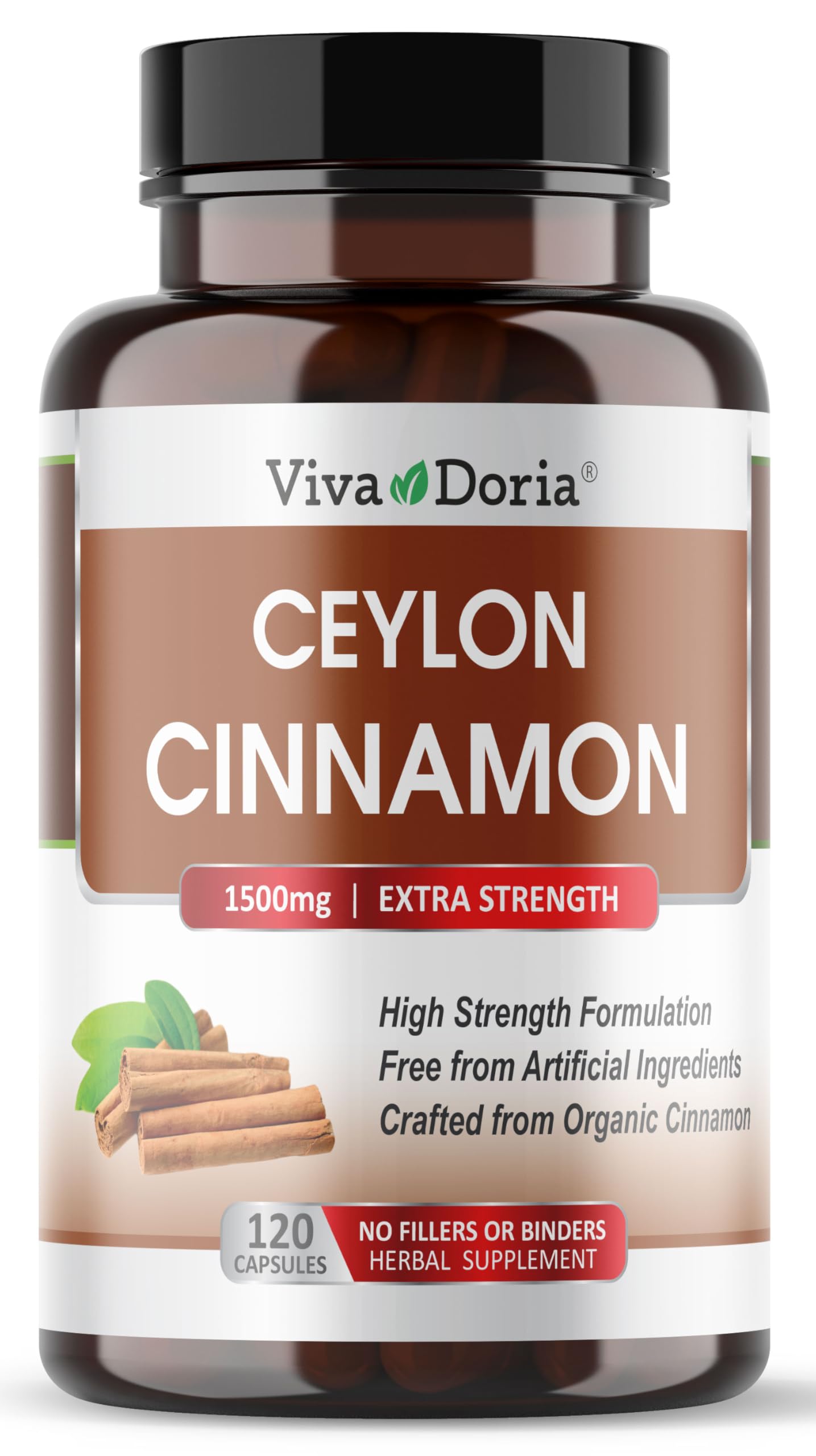Viva Doria Ceylon Cinnamon, 120 Veggie Capsules, 1500mg Per Serving, Gelatin Free, Made from Organic True Ceylon Cinnamon, 120 Vegetable Capsules