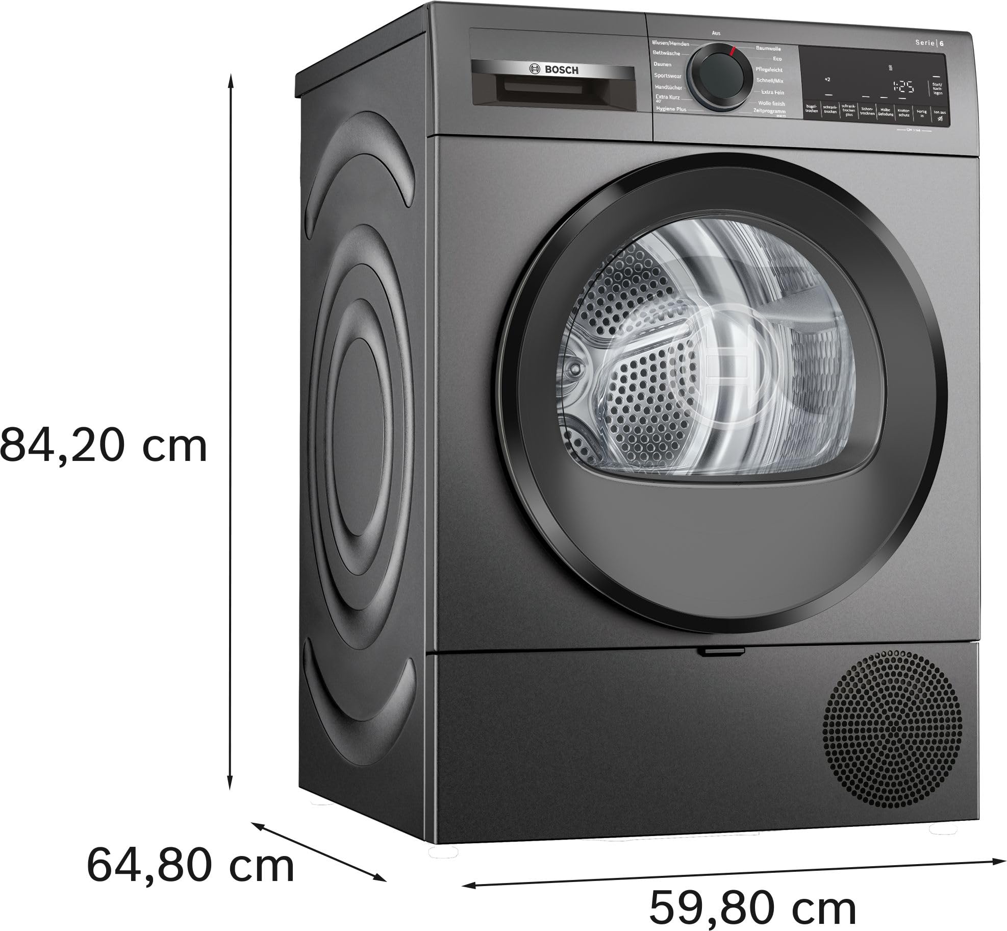 Bosch WQG243DR10 Serie 6, Wärmepumpentrockner 9 kg, Extra Kurz Trockenprogramm, Halbe Beladung Option, Auto Dry, Easy Clean Filter, Sensitive-Drying-System, Trommelreversierung, Innenbeleuchtung, Grau