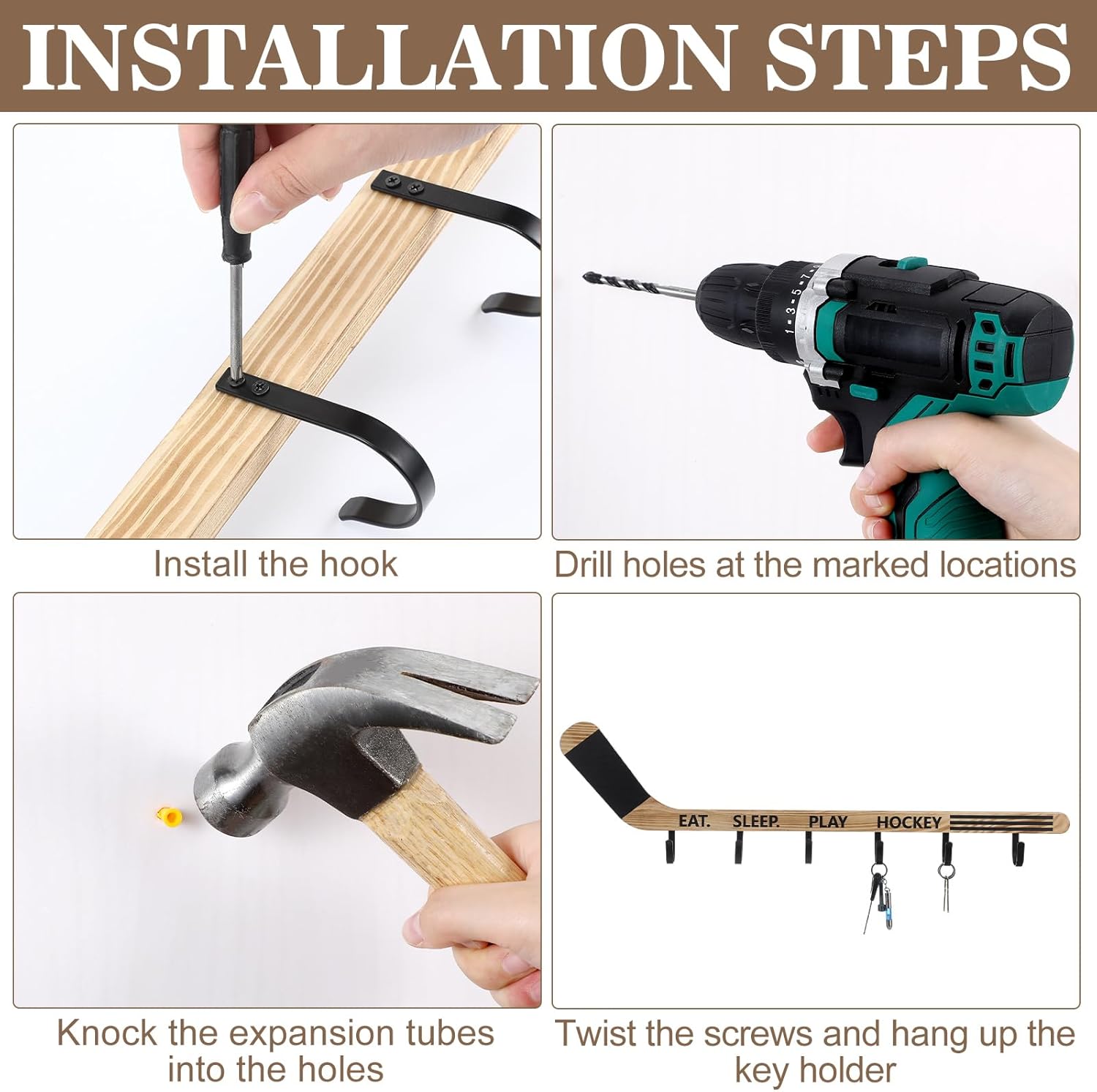 Leinuosen Wood Hockey Stick Wall Mounted Coat Rack with 4 Hooks, Wall Decoration, Wooden Coat Hooks for Hanging Clothes, Towels, Backpacks, Keys - Image 3