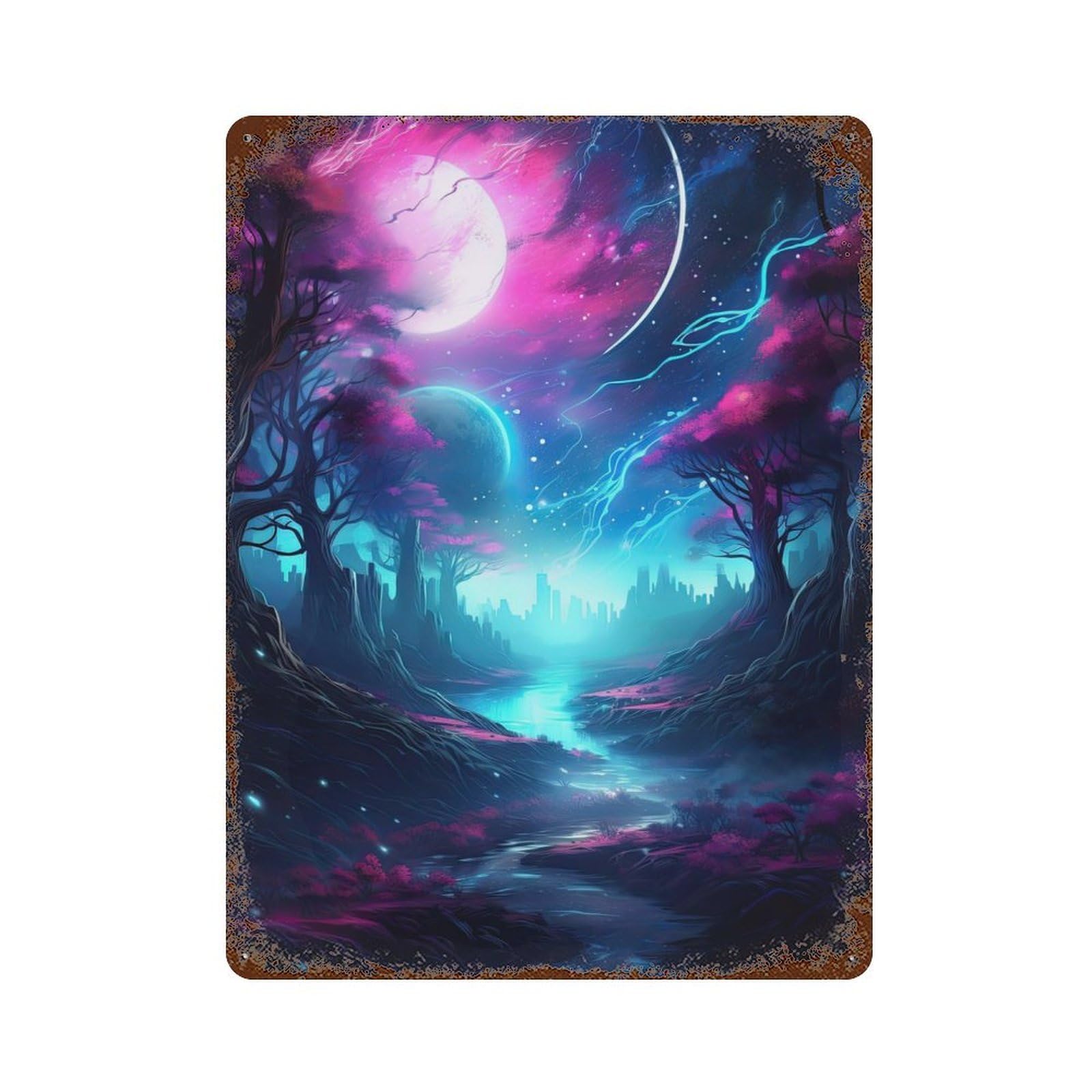 Colorful Trees River Moon 15.7"x11.8" Retro Metal Sign, Industrial Home Decor for Basement, Hobby Room And Garage Decor