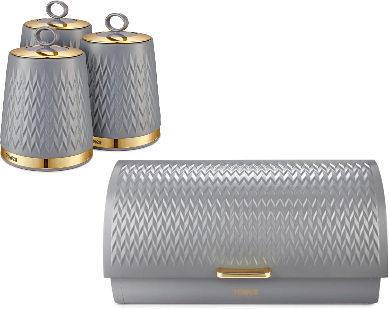 Tower Empire Bread Bin & Canisters Set in Grey with Brass Accents. Art