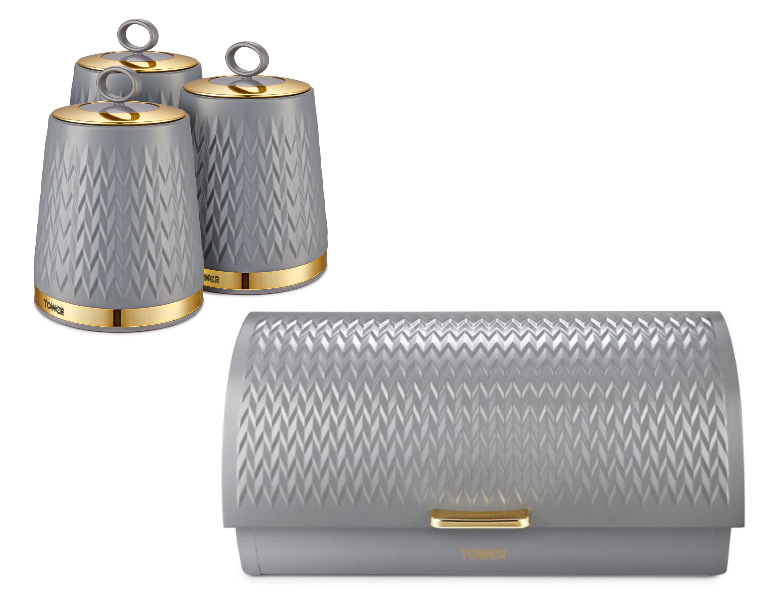 Tower Empire Bread Bin & Canisters Set in Grey with Brass Accents. Art ...