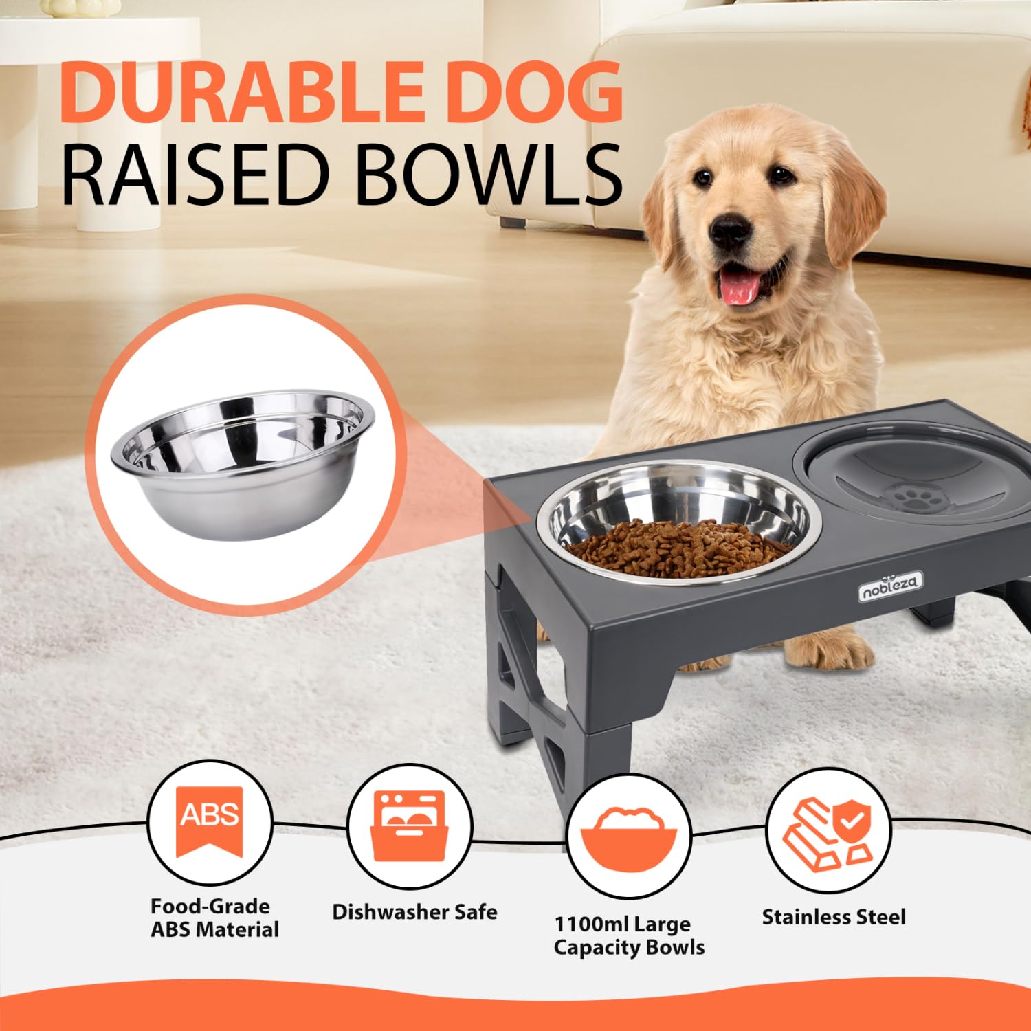 Nobleza Comedero Perro Elevado 5 Alturas Ajustables (7,5-31 cm), Incluye Cuenco Acero Inoxidable 1100ml, Comedero Perro Antivoracidad y Bebedero Antisalpicaduras 800ml, Antideslizante, Gris