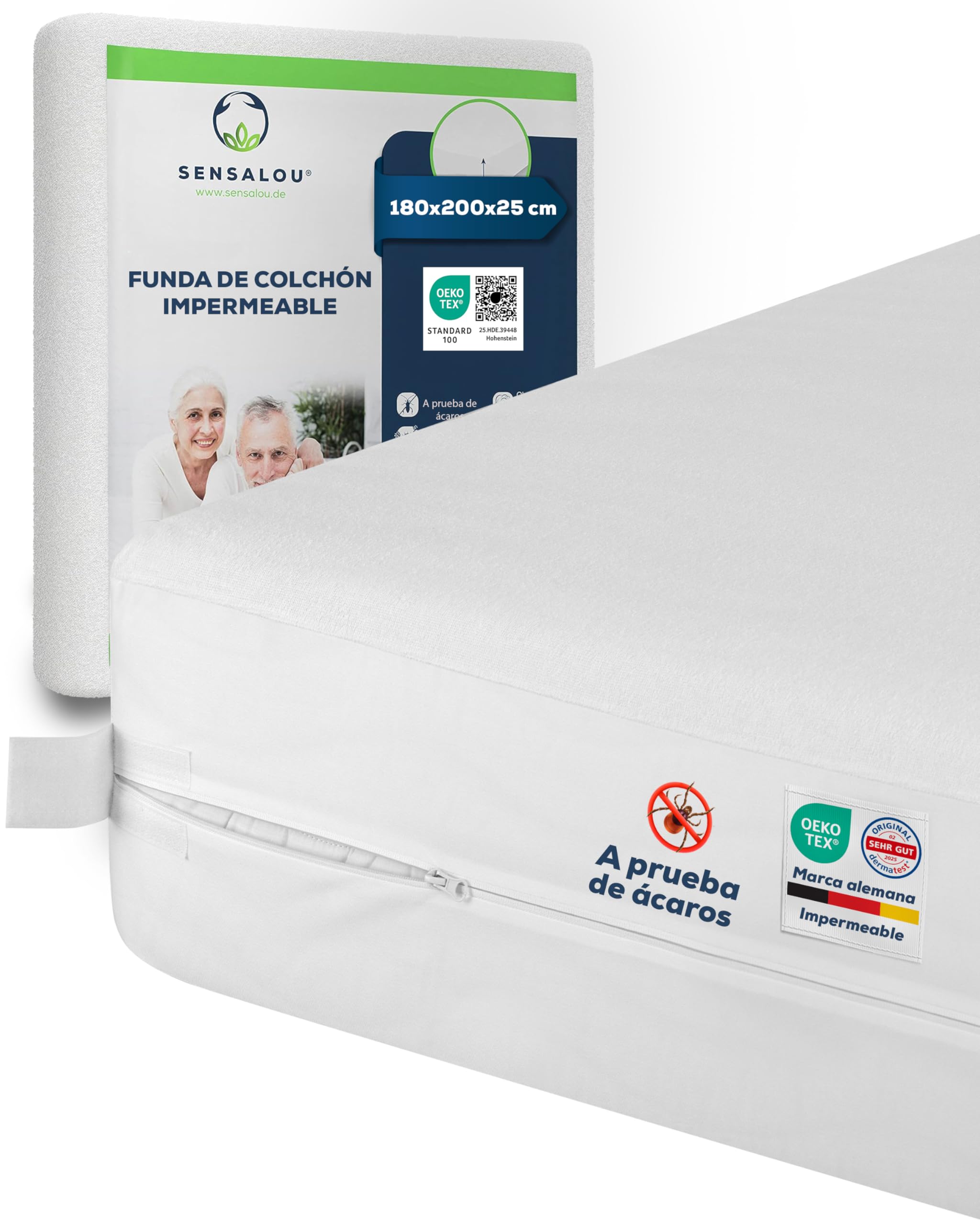 Sensalou Protector de Colchón 180x200x25 cm Impermeable y Anti Ácaros | Funda encasement con cremallera para alérgicos contra chinches, protector de rizo suave, silencioso y lavable a 95 °C