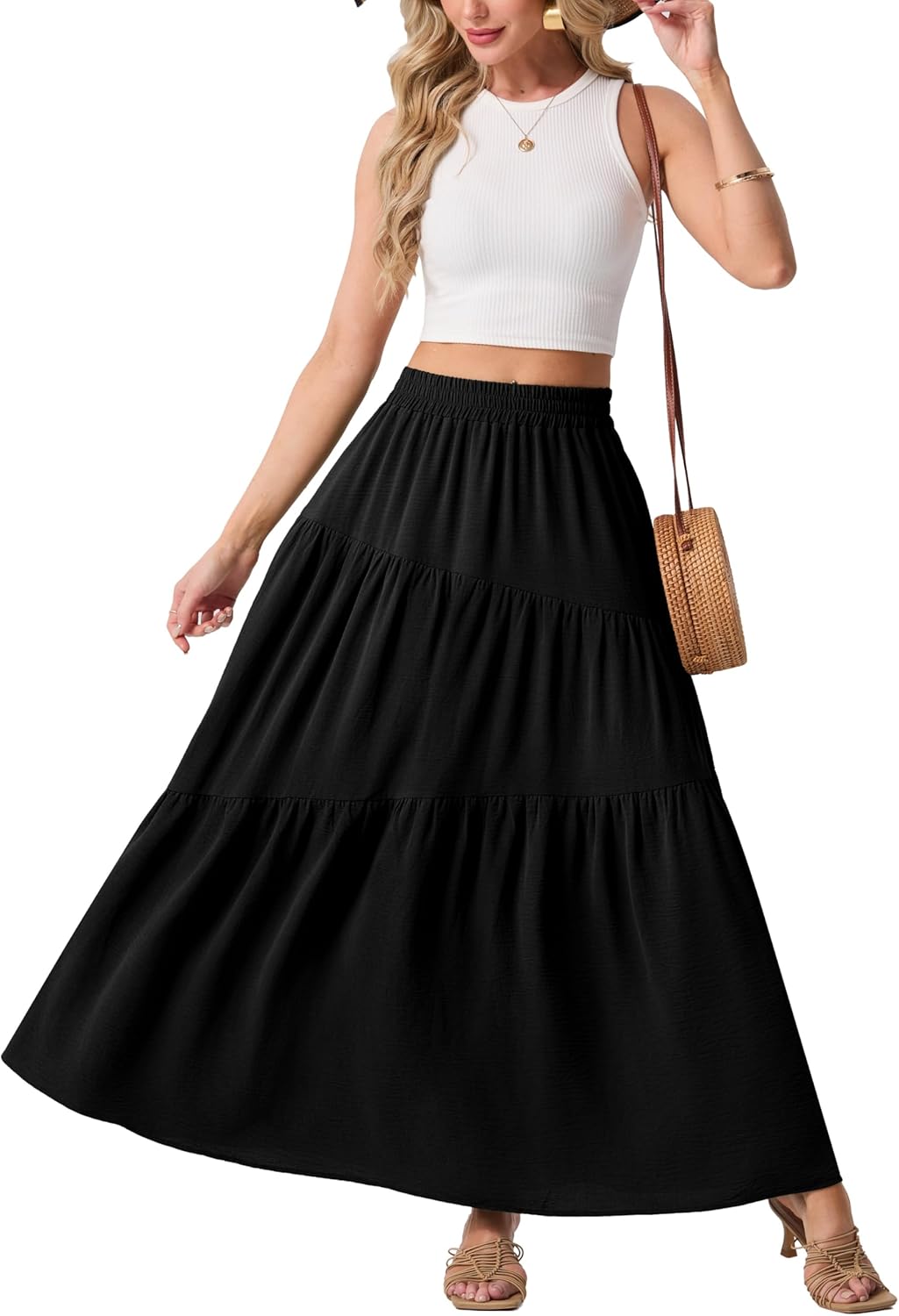 GRECERELLE Women's Boho Maxi Skirt Elastic High Waist Tiered A-Line Casual Summer Flowy Asymmetric Long Skirts with Pockets - Image 2