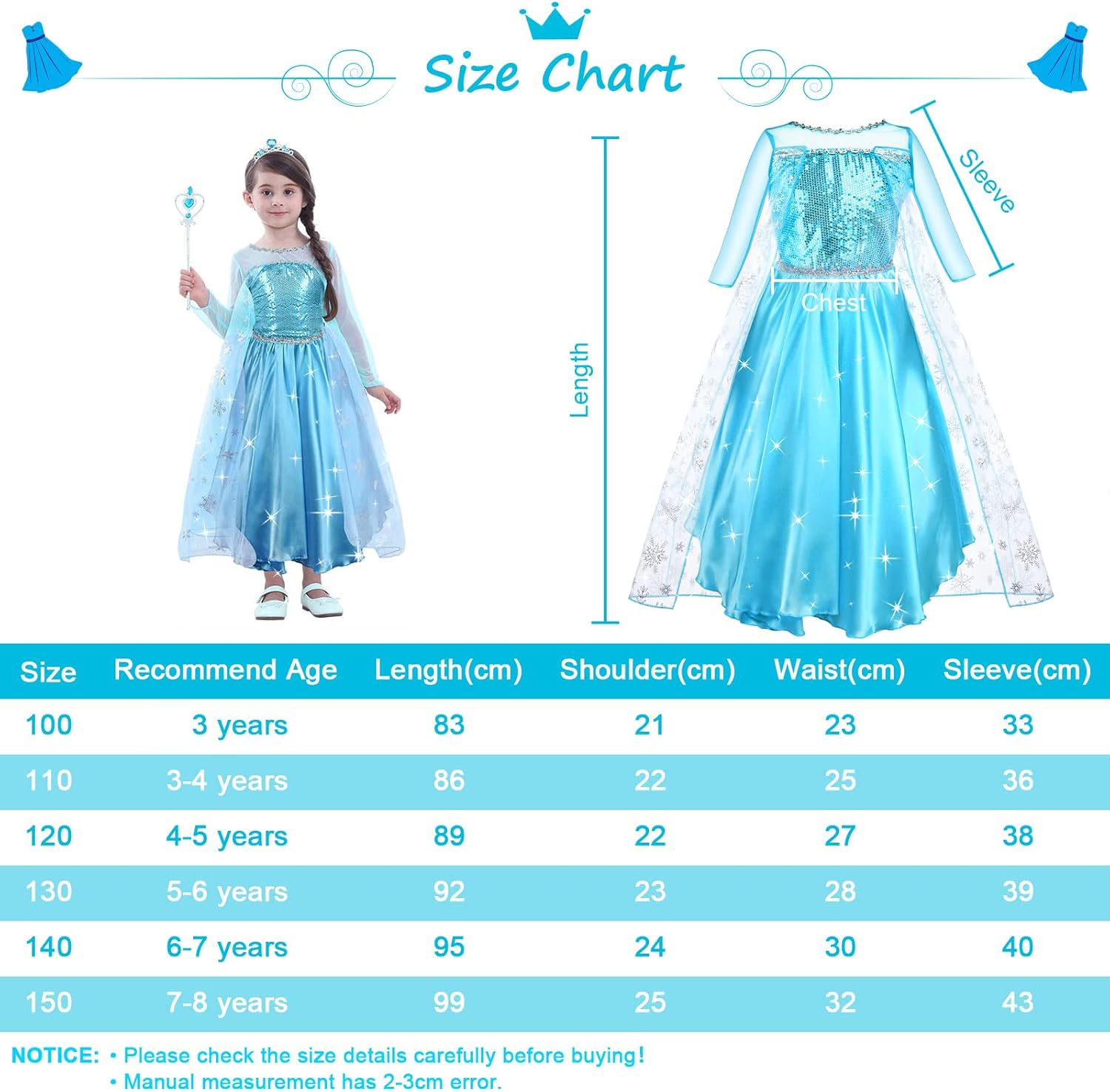 URAQT Costume da Principessa, Costume Principesse Bambina con Accessori, Bambina Abito da Principessa per Festa Cosplay Halloween Compleanno Carnevale Natale(110CM)