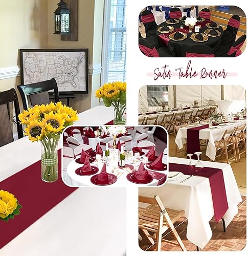 Miniatura 5 de Paquete de 24 caminos de mesa burdeos de 12 x 72 pulgadas de satén de alta calidad, camino de mesa sedoso brillante para decoración de fiestas de