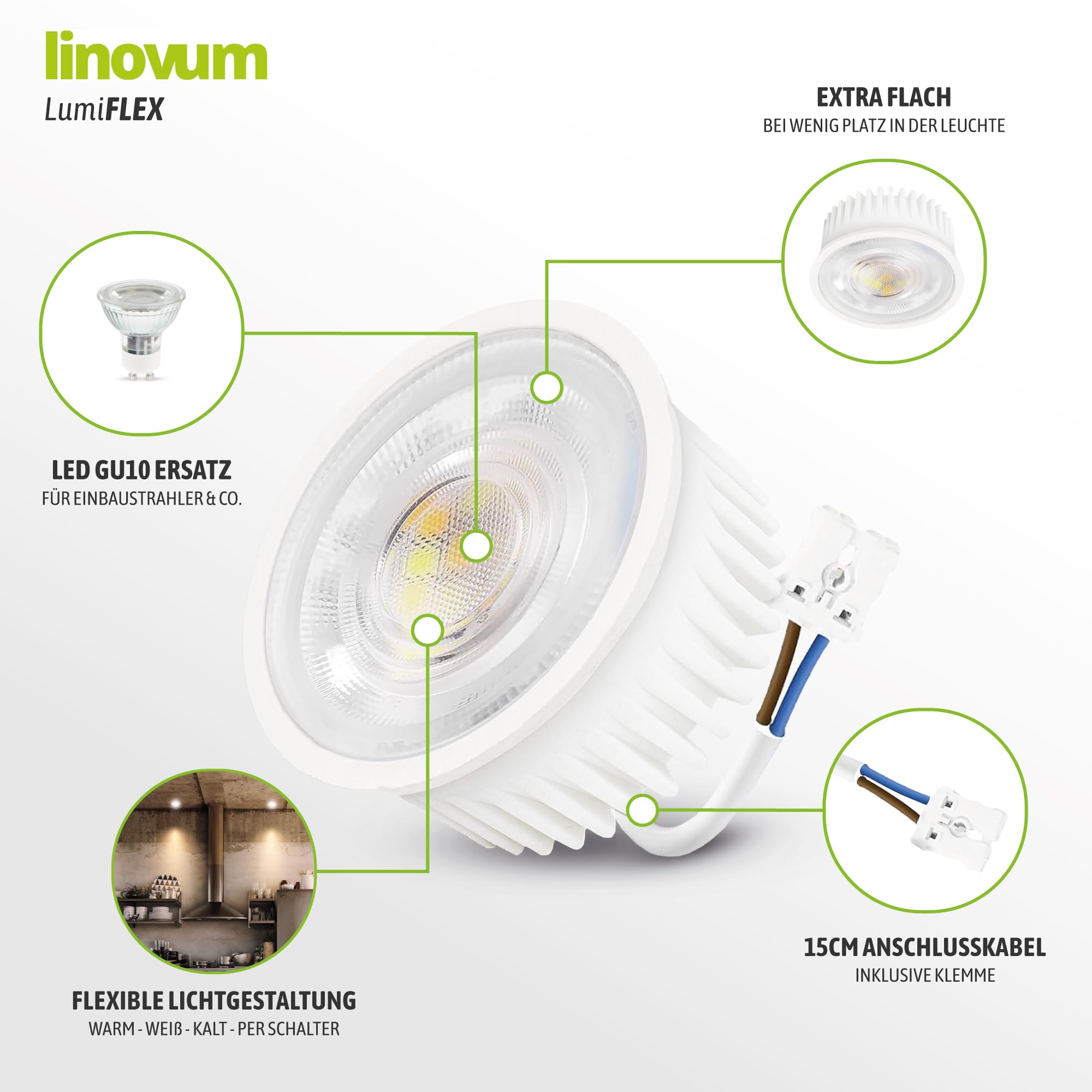 linovum LED Modul lumiFLEX 4W mit einstellbarer Lichtfarbe CCT Warmweiß 2700K Naturalweiß 4000K Kaltweiß 6500K - Ersatz für GU10 / MR16