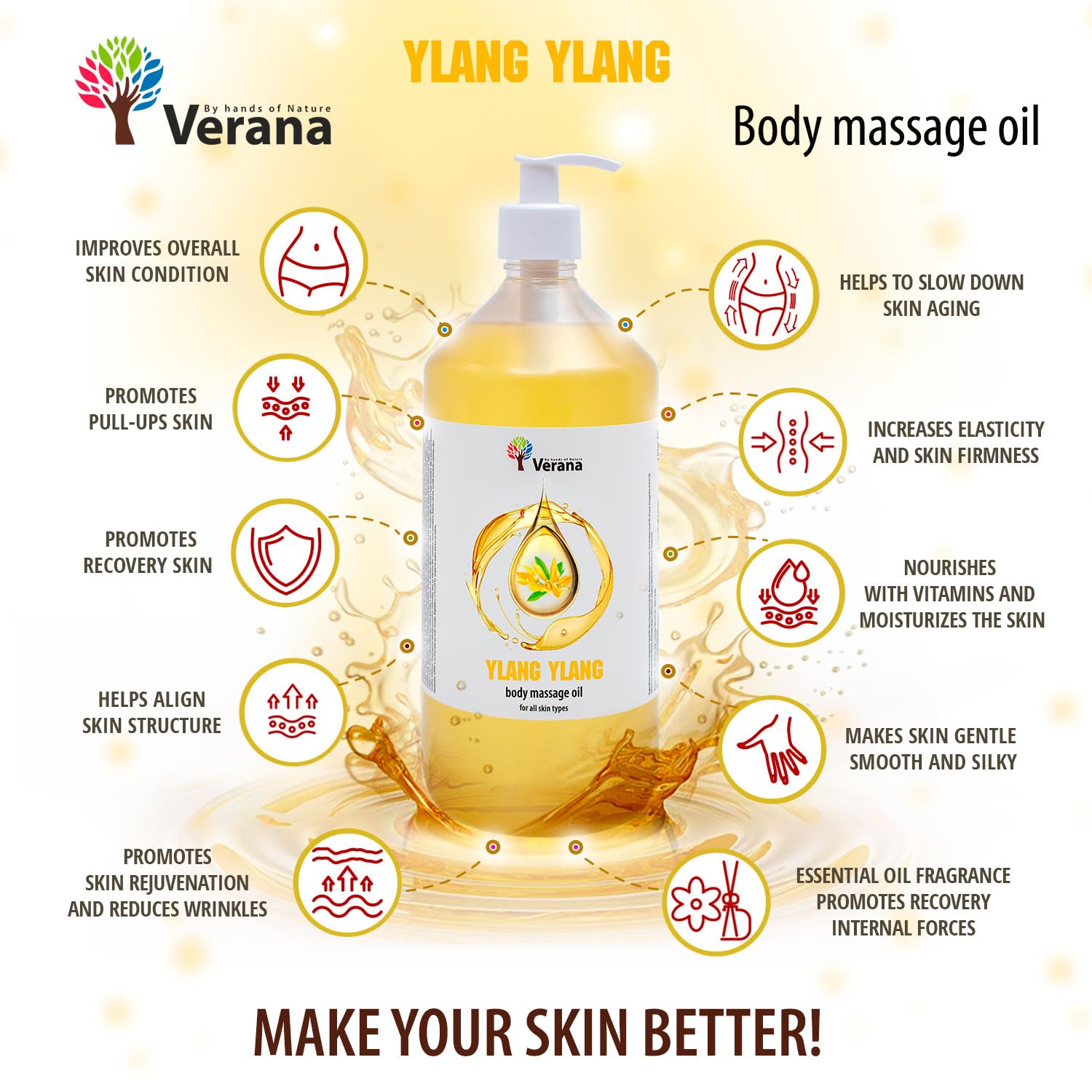 Verana Olio per Massaggio corpo Ylang Ylang, Naturale, Senza OGM, Massaggio Ringiovanente e Rivitalizzante, Nutre e Idrata la Pelle, Aromaterapia (5L)
