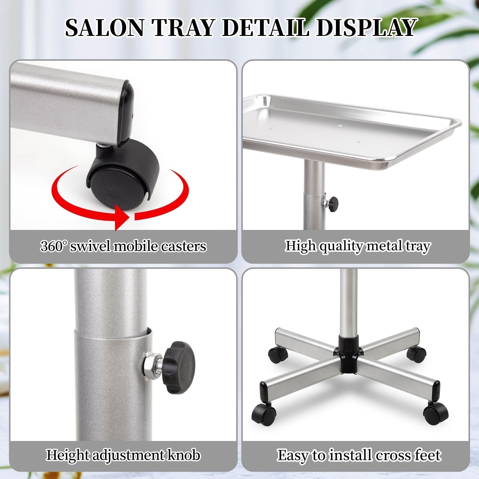 Bandeja de salón, bandeja rodante de salón con altura ajustable, bandeja de salón sobre ruedas, bandeja de color de salón, ideal para uso como bandeja de tatuaje, bandeja médica, bandeja dental..