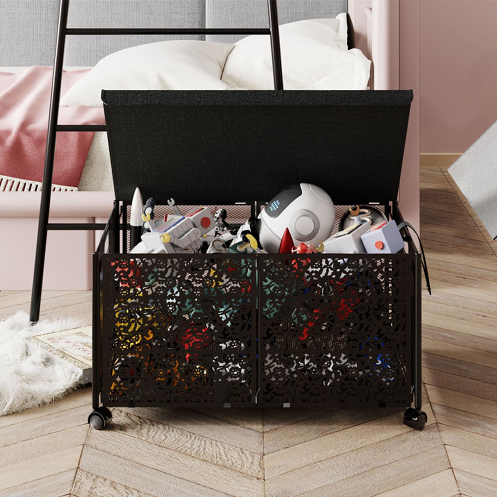 CHICIRIS Scatola portaoggetti pieghevole per giocattoli di grande capacità 70 L, resistente alla polvere, portatile, in metallo, per sala giochi per bambini, soggiorno, camera da letto per bambini