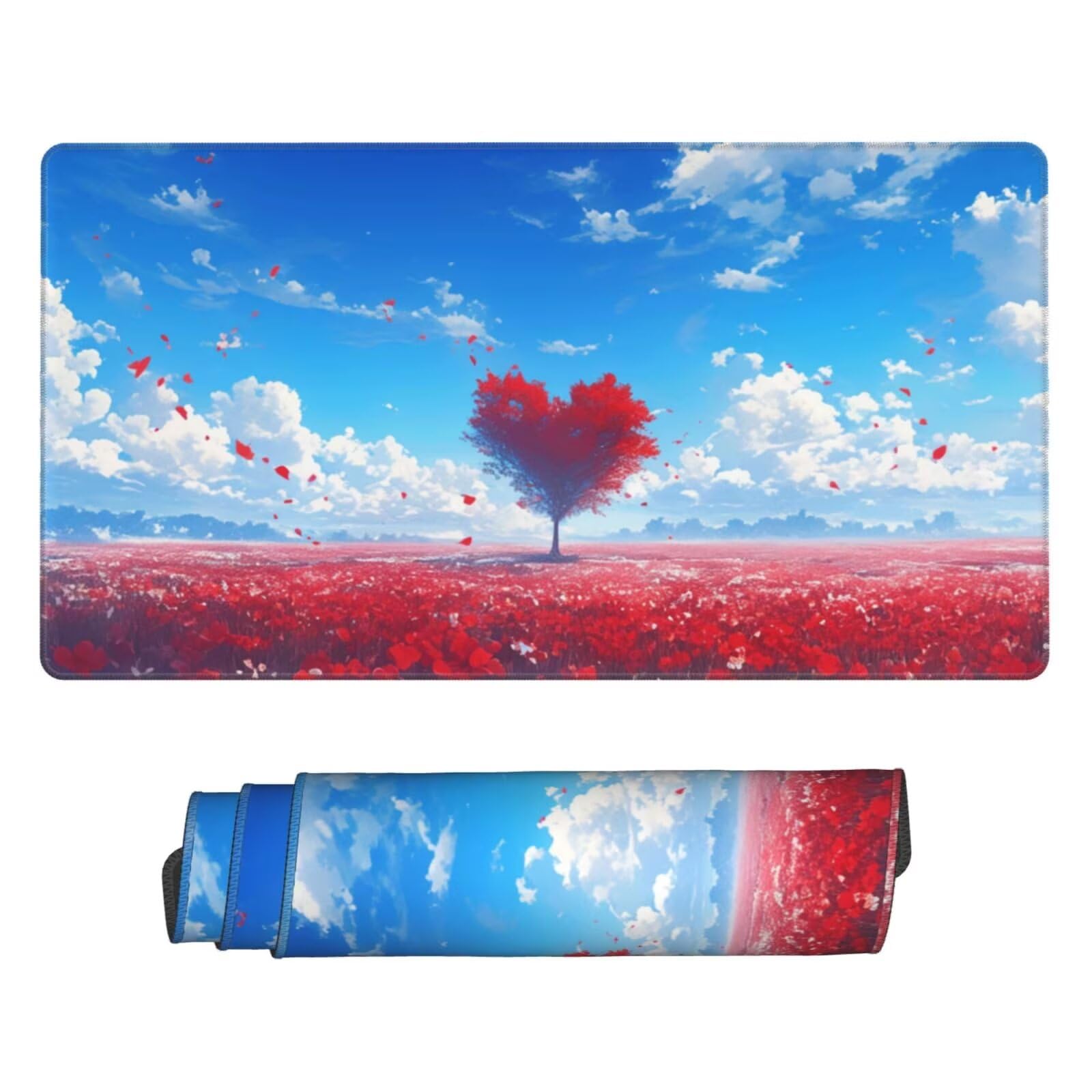 Gaming Mauspad XXL 900x600x3mm Mousepad Verlängertes Groß Mauspad Schreibtischauflage,Genähte Kanten rutschfeste Gummibasis,Verbessert Präzision Geschwindigkeit Office Roter herzförmiger Baum L-3618