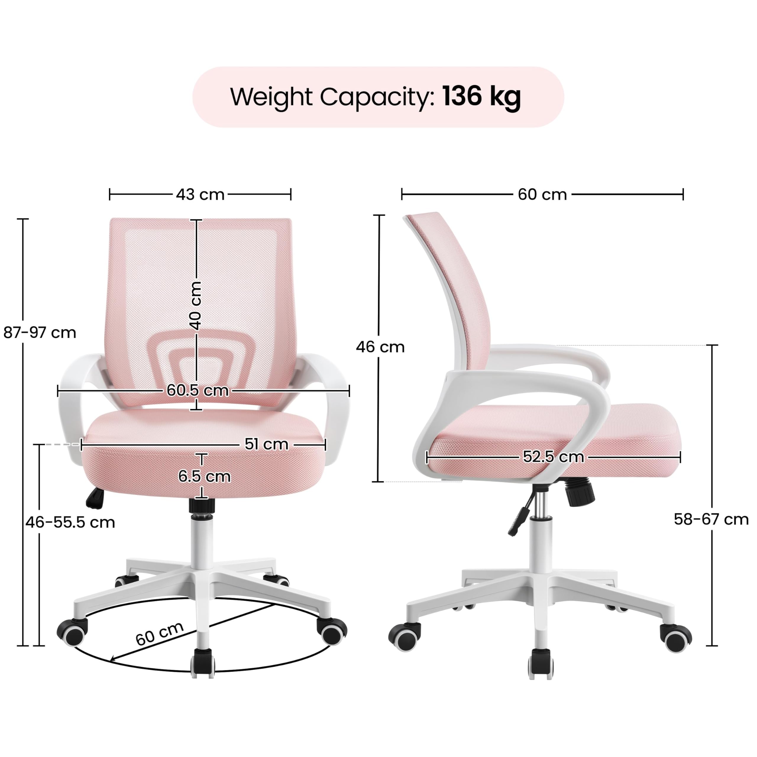 Yaheetech Bürostuhl Ergonomisch, Schreibtischstuhl mit Netzbespannung und Armlehnen, Drehstuhl aus Mesh, Chefsessel Wippfunktion, Höhenverstellbar Rückenschonend bis 136kg Belastbar, Rosa